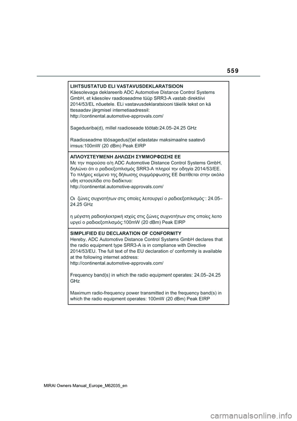 TOYOTA MIRAI 2021  Manual de utilização (in Portuguese) 559
MIRAI Owners Manual_Europe_M62035_en 