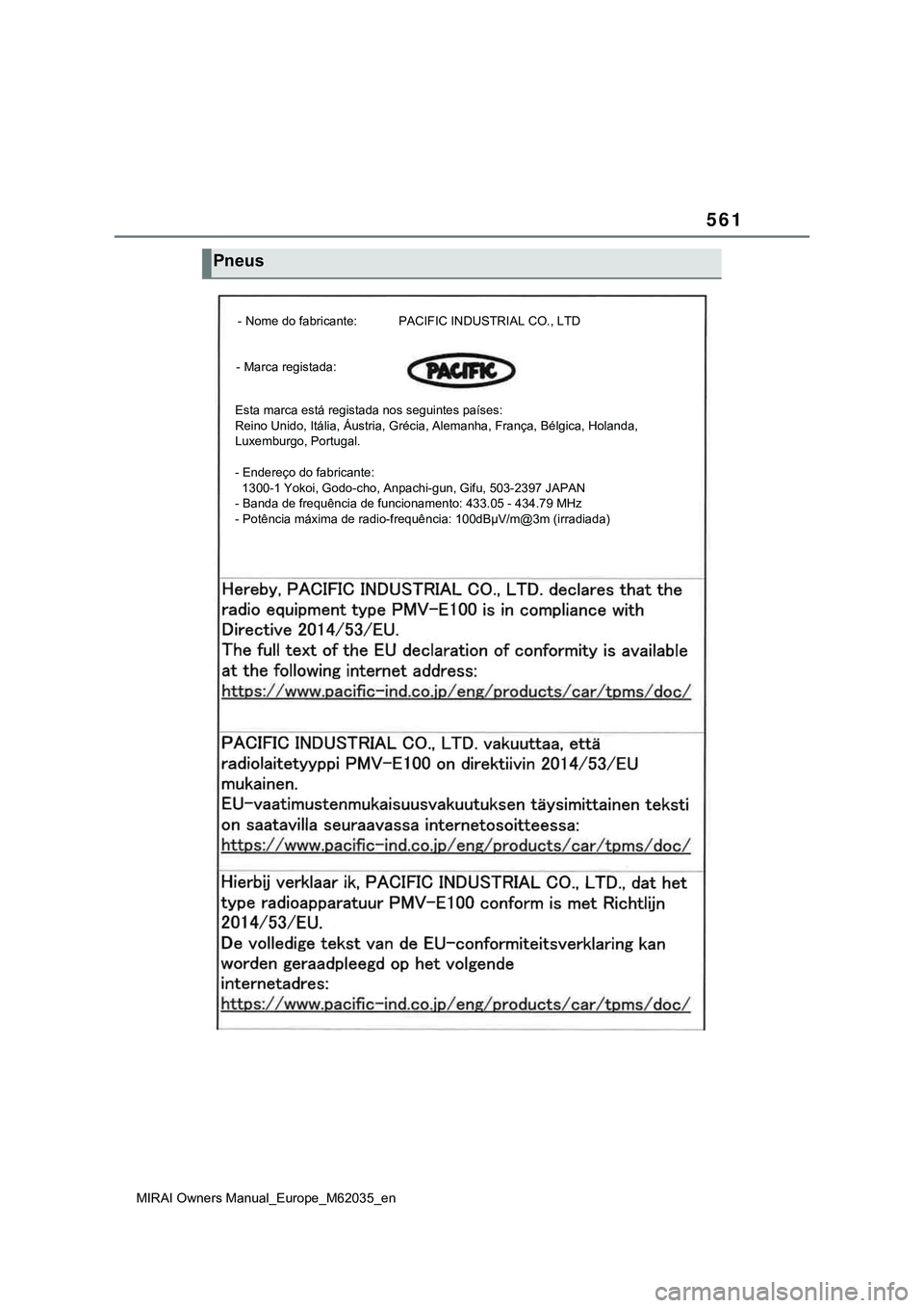 TOYOTA MIRAI 2021  Manual de utilização (in Portuguese) 561
MIRAI Owners Manual_Europe_M62035_en
Pneus
   - Nome do fabricante:            PACIFIC INDUSTRIAL CO., LTD
   - Marca registada:
   Esta marca está registada nos seguintes países:
   Reino Unido