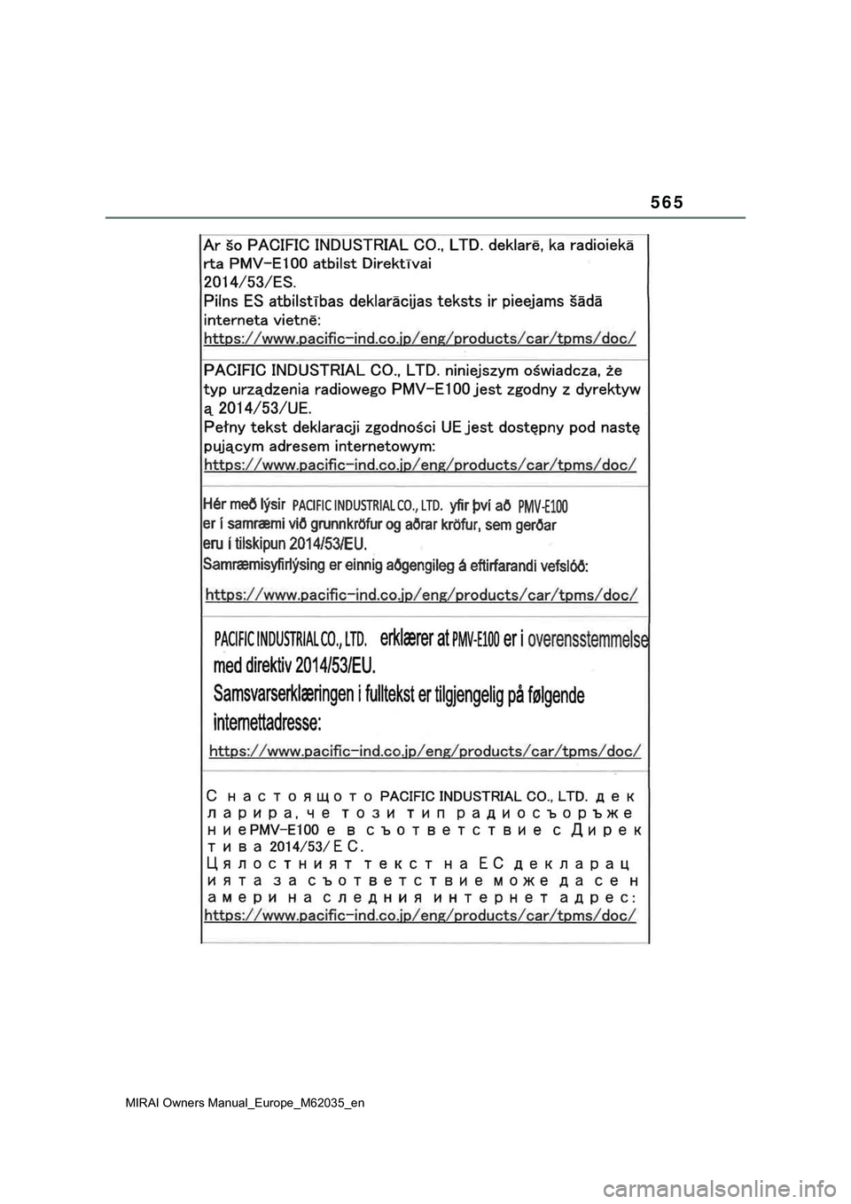 TOYOTA MIRAI 2021  Manual de utilização (in Portuguese) 565
MIRAI Owners Manual_Europe_M62035_en 