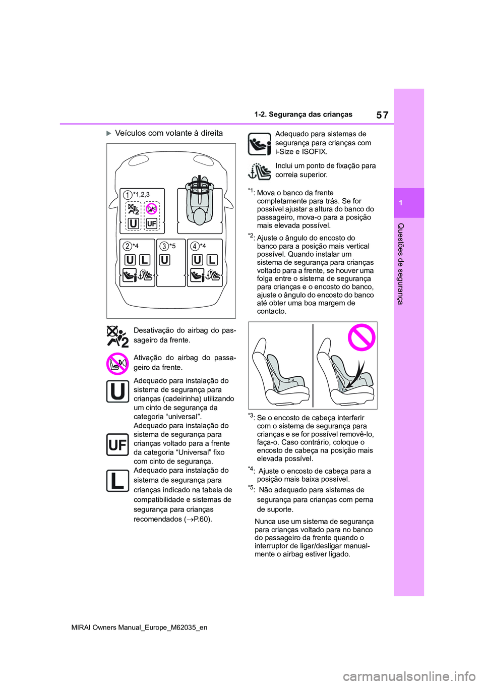 TOYOTA MIRAI 2021 Manual de utilização (in Portuguese) 57
1
MIRAI Owners Manual_Europe_M62035_en
1-2. Segurança das crianças
Questões de segurança
Veículos com volante à direita
*1: Mova o banco da frente
completamente para trás. Se for
possí TOYOTA MIRAI 2021 Manual de utilização (in Portuguese) 57
1
MIRAI Owners Manual_Europe_M62035_en
1-2. Segurança das crianças
Questões de segurança
Veículos com volante à direita
*1: Mova o banco da frente
completamente para trás. Se for
possí