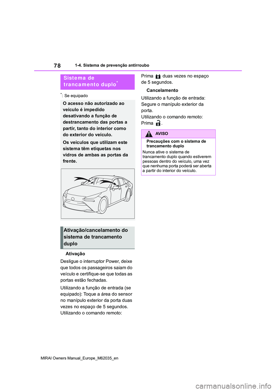 TOYOTA MIRAI 2021 Manual de utilização (in Portuguese) 78
MIRAI Owners Manual_Europe_M62035_en
1-4. Sistema de prevenção antirroubo
*: Se equipado
Ativação
Desligue o interruptor Power, deixe
que todos os passageiros saiam do
veículo e certifique-s TOYOTA MIRAI 2021 Manual de utilização (in Portuguese) 78
MIRAI Owners Manual_Europe_M62035_en
1-4. Sistema de prevenção antirroubo
*: Se equipado
Ativação
Desligue o interruptor Power, deixe
que todos os passageiros saiam do
veículo e certifique-s