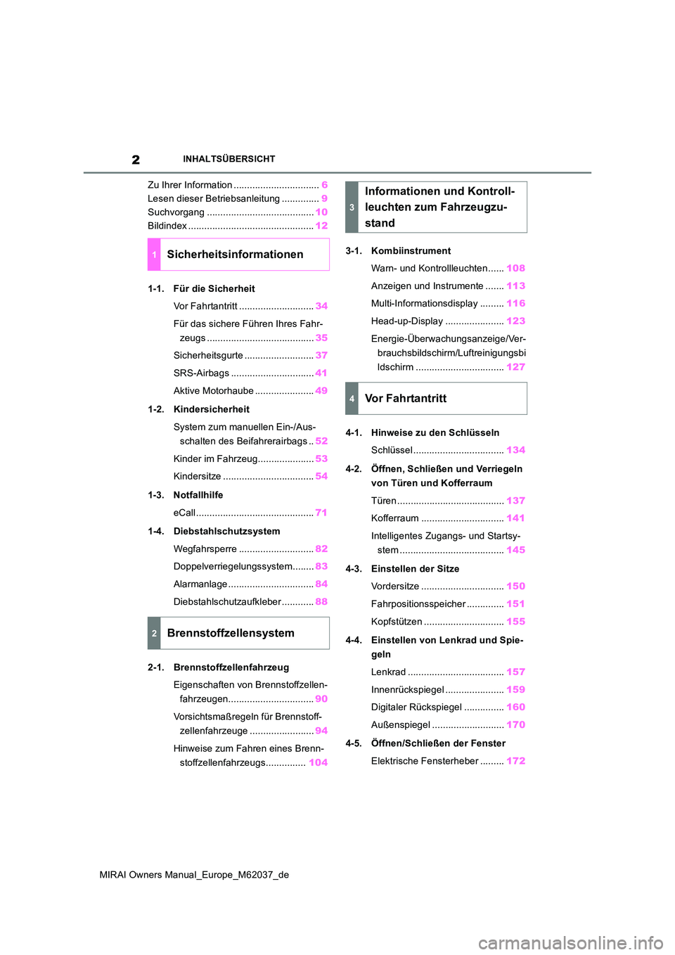 TOYOTA MIRAI 2020  Betriebsanleitungen (in German) 2
MIRAI Owners Manual_Europe_M62037_de
INHALTSÜBERSICHT
Zu Ihrer Information ................................6 
Lesen dieser Betriebsanleitung .............. 9 
Suchvorgang ..........................