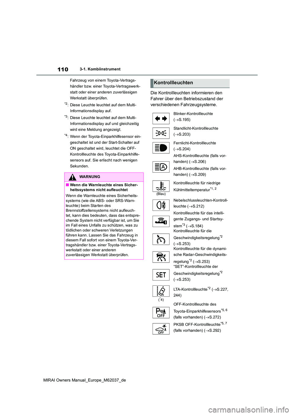 TOYOTA MIRAI 2020  Betriebsanleitungen (in German) 110
MIRAI Owners Manual_Europe_M62037_de
3-1. Kombiinstrument 
Fahrzeug von einem Toyota-Vertrags- 
händler bzw. einer Toyota-Vertragswerk-
statt oder einer anderen zuverlässigen 
Werkstatt überpr�