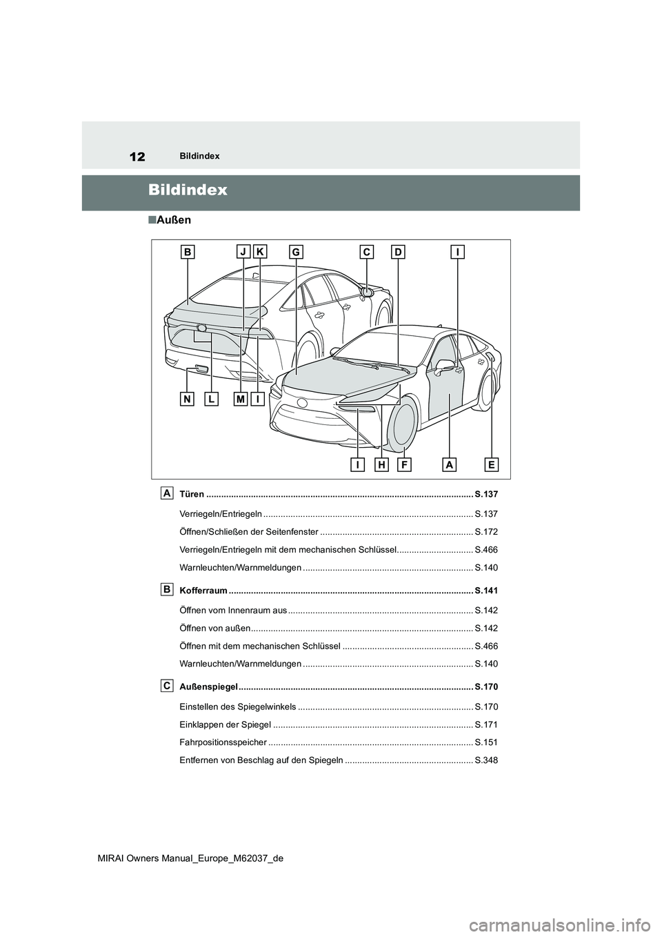 TOYOTA MIRAI 2020 Betriebsanleitungen (in German) 12
MIRAI Owners Manual_Europe_M62037_de
Bildindex
Bildindex
■Außen
Türen ............................................................................................................ S.137
Verrieg TOYOTA MIRAI 2020 Betriebsanleitungen (in German) 12
MIRAI Owners Manual_Europe_M62037_de
Bildindex
Bildindex
■Außen
Türen ............................................................................................................ S.137
Verrieg