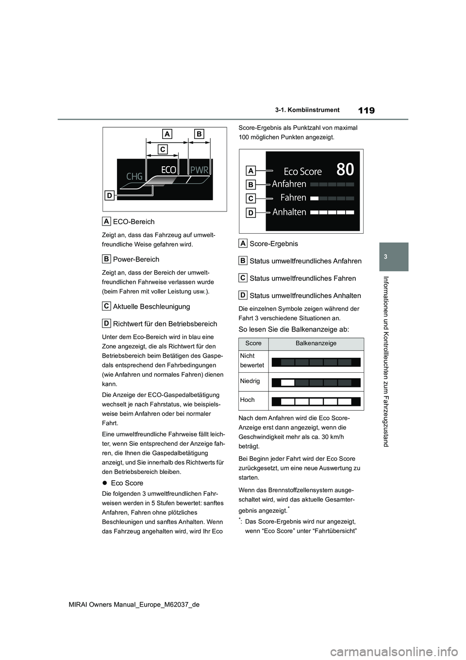TOYOTA MIRAI 2020 Betriebsanleitungen (in German) 119
3
MIRAI Owners Manual_Europe_M62037_de
3-1. Kombiinstrument
Informationen und Kontrollleuchten zum Fahrzeugzustand
ECO-Bereich
Zeigt an, dass das Fahrzeug auf umwelt-
freundliche Weise gefahren w TOYOTA MIRAI 2020 Betriebsanleitungen (in German) 119
3
MIRAI Owners Manual_Europe_M62037_de
3-1. Kombiinstrument
Informationen und Kontrollleuchten zum Fahrzeugzustand
ECO-Bereich
Zeigt an, dass das Fahrzeug auf umwelt-
freundliche Weise gefahren w