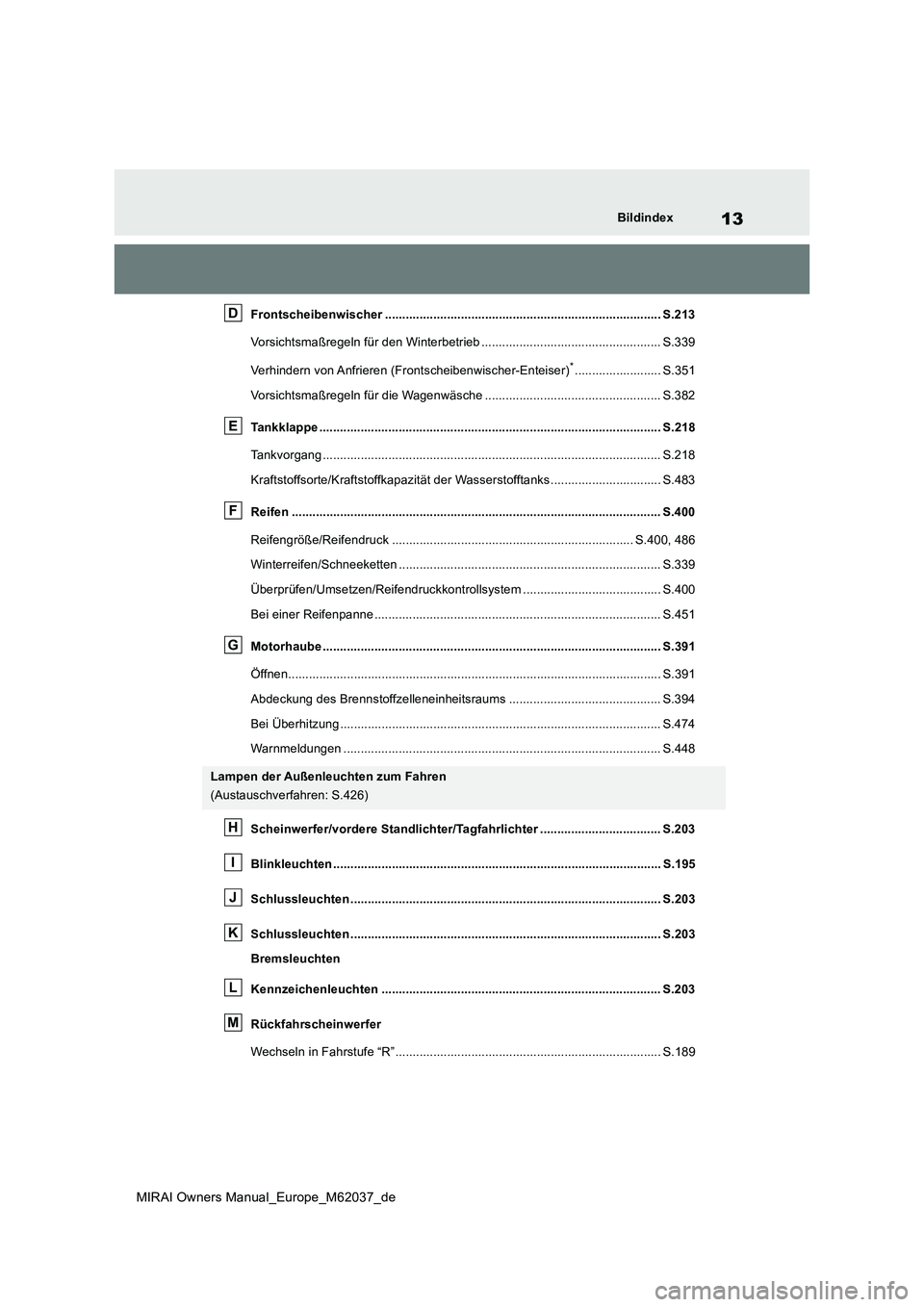 TOYOTA MIRAI 2020  Betriebsanleitungen (in German) 13
MIRAI Owners Manual_Europe_M62037_de
Bildindex
Frontscheibenwischer ................................................................................ S.213 
Vorsichtsmaßregeln für den Winterbetrie