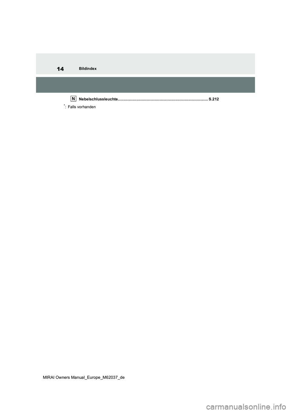 TOYOTA MIRAI 2020 Betriebsanleitungen (in German) 14
MIRAI Owners Manual_Europe_M62037_de
Bildindex
Nebelschlussleuchte................................................................................... S.212
*: Falls vorhanden
N TOYOTA MIRAI 2020 Betriebsanleitungen (in German) 14
MIRAI Owners Manual_Europe_M62037_de
Bildindex
Nebelschlussleuchte................................................................................... S.212
*: Falls vorhanden
N