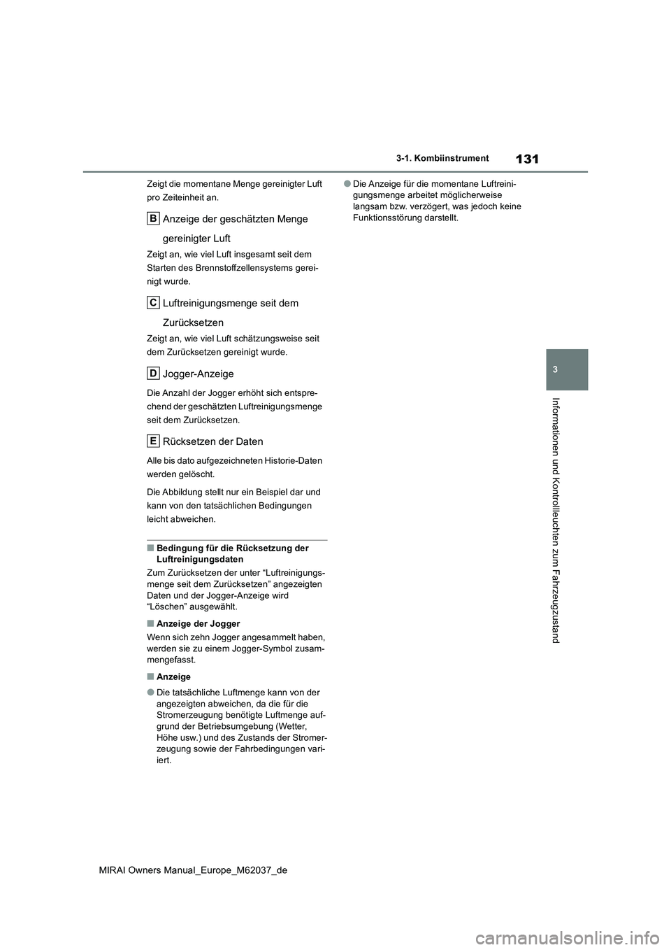 TOYOTA MIRAI 2020 Betriebsanleitungen (in German) 131
3
MIRAI Owners Manual_Europe_M62037_de
3-1. Kombiinstrument
Informationen und Kontrollleuchten zum Fahrzeugzustand
Zeigt die momentane Menge gereinigter Luft
pro Zeiteinheit an.
Anzeige der gesc TOYOTA MIRAI 2020 Betriebsanleitungen (in German) 131
3
MIRAI Owners Manual_Europe_M62037_de
3-1. Kombiinstrument
Informationen und Kontrollleuchten zum Fahrzeugzustand
Zeigt die momentane Menge gereinigter Luft
pro Zeiteinheit an.
Anzeige der gesc
