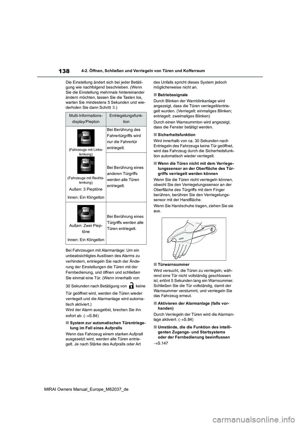 TOYOTA MIRAI 2020 Betriebsanleitungen (in German) 138
MIRAI Owners Manual_Europe_M62037_de
4-2. Öffnen, Schließen und Verriegeln von Türen und Kofferraum
Die Einstellung ändert sich bei jeder Betäti- gung wie nachfolgend beschrieben. (Wenn Sie TOYOTA MIRAI 2020 Betriebsanleitungen (in German) 138
MIRAI Owners Manual_Europe_M62037_de
4-2. Öffnen, Schließen und Verriegeln von Türen und Kofferraum
Die Einstellung ändert sich bei jeder Betäti- gung wie nachfolgend beschrieben. (Wenn Sie