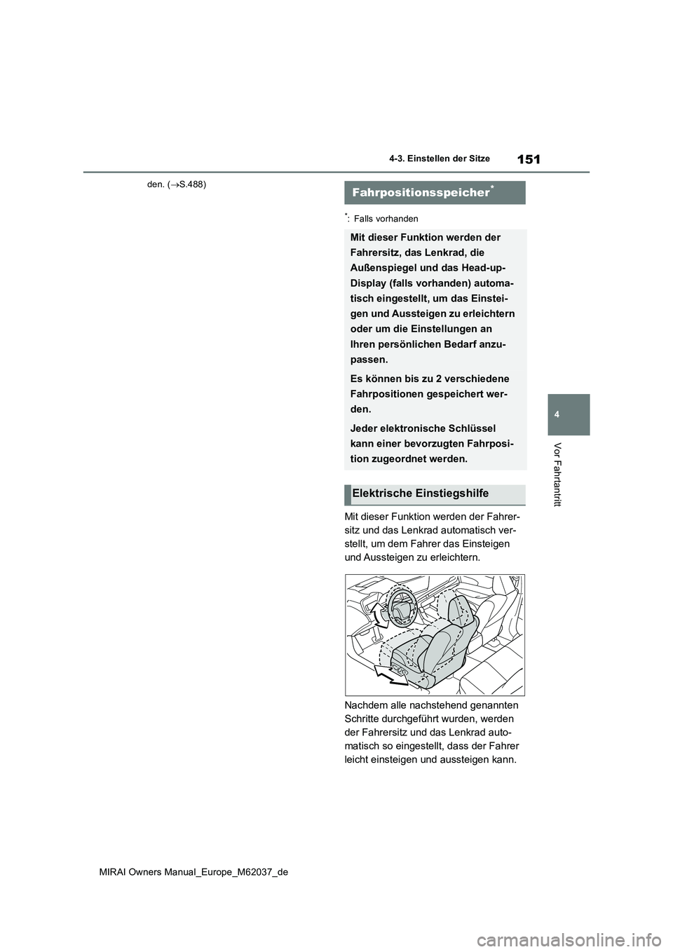 TOYOTA MIRAI 2020 Betriebsanleitungen (in German) 151
4
MIRAI Owners Manual_Europe_M62037_de
4-3. Einstellen der Sitze
Vor Fahrtantritt
den. (S.488)
*: Falls vorhanden
Mit dieser Funktion werden der Fahrer-
sitz und das Lenkrad automatisch ver-
s TOYOTA MIRAI 2020 Betriebsanleitungen (in German) 151
4
MIRAI Owners Manual_Europe_M62037_de
4-3. Einstellen der Sitze
Vor Fahrtantritt
den. (S.488)
*: Falls vorhanden
Mit dieser Funktion werden der Fahrer-
sitz und das Lenkrad automatisch ver-
s
