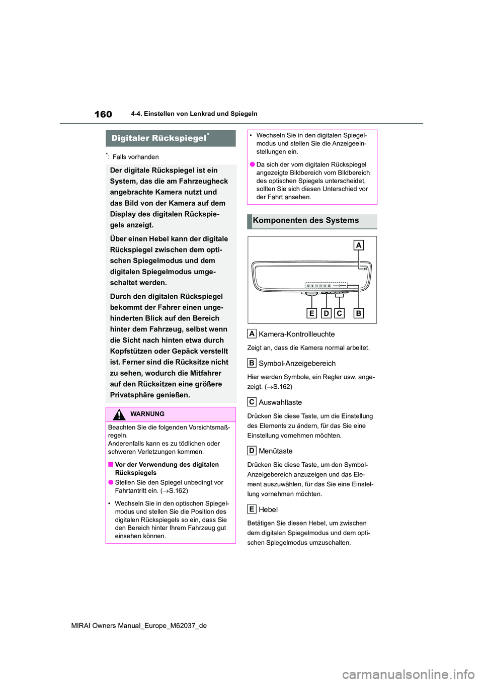 TOYOTA MIRAI 2020 Betriebsanleitungen (in German) 160
MIRAI Owners Manual_Europe_M62037_de
4-4. Einstellen von Lenkrad und Spiegeln
*: Falls vorhanden
Kamera-Kontrollleuchte
Zeigt an, dass die Kamera normal arbeitet.
Symbol-Anzeigebereich
Hier werden TOYOTA MIRAI 2020 Betriebsanleitungen (in German) 160
MIRAI Owners Manual_Europe_M62037_de
4-4. Einstellen von Lenkrad und Spiegeln
*: Falls vorhanden
Kamera-Kontrollleuchte
Zeigt an, dass die Kamera normal arbeitet.
Symbol-Anzeigebereich
Hier werden
