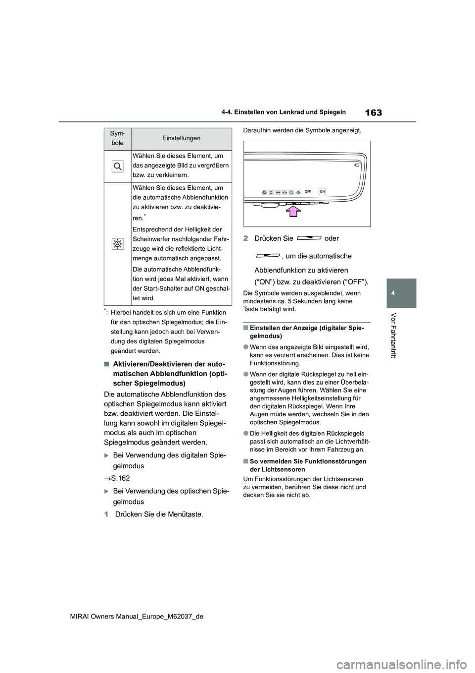 TOYOTA MIRAI 2020 Betriebsanleitungen (in German) 163
4
MIRAI Owners Manual_Europe_M62037_de
4-4. Einstellen von Lenkrad und Spiegeln
Vor Fahrtantritt*: Hierbei handelt es sich um eine Funktion
für den optischen Spiegelmodus; die Ein-
stellung kan TOYOTA MIRAI 2020 Betriebsanleitungen (in German) 163
4
MIRAI Owners Manual_Europe_M62037_de
4-4. Einstellen von Lenkrad und Spiegeln
Vor Fahrtantritt*: Hierbei handelt es sich um eine Funktion
für den optischen Spiegelmodus; die Ein-
stellung kan