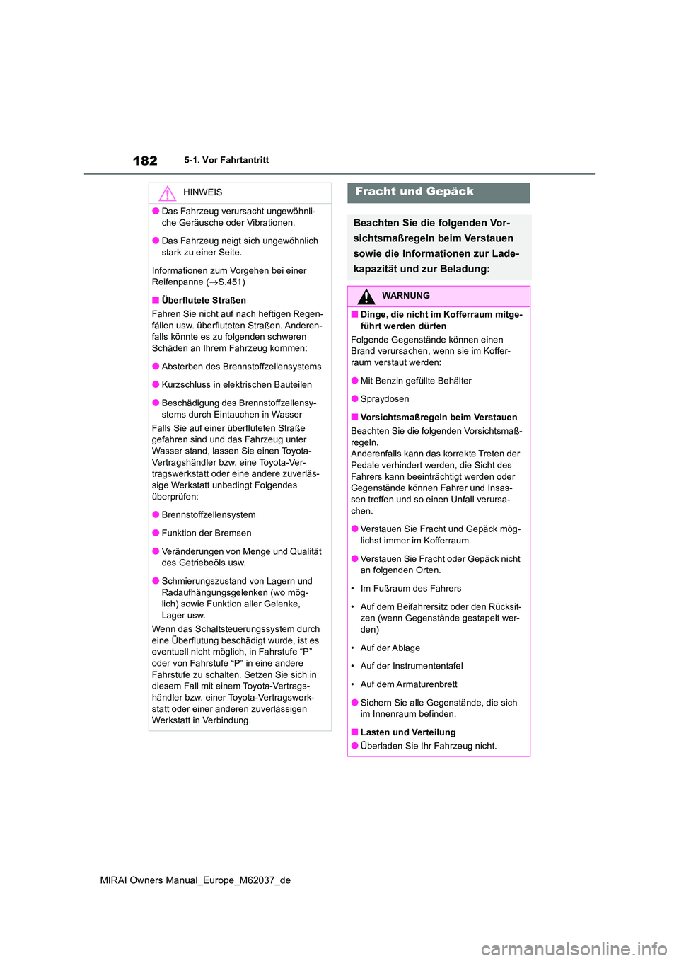 TOYOTA MIRAI 2020 Betriebsanleitungen (in German) 182
MIRAI Owners Manual_Europe_M62037_de
5-1. Vor Fahrtantritt
HINWEIS
●Das Fahrzeug verursacht ungewöhnli-
che Geräusche oder Vibrationen.
●Das Fahrzeug neigt sich ungewöhnlich stark zu eine TOYOTA MIRAI 2020 Betriebsanleitungen (in German) 182
MIRAI Owners Manual_Europe_M62037_de
5-1. Vor Fahrtantritt
HINWEIS
●Das Fahrzeug verursacht ungewöhnli-
che Geräusche oder Vibrationen.
●Das Fahrzeug neigt sich ungewöhnlich stark zu eine