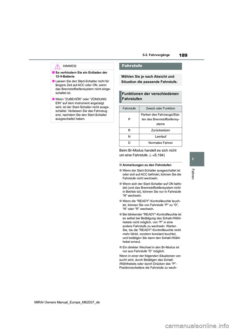 TOYOTA MIRAI 2020 Betriebsanleitungen (in German) 189
5
MIRAI Owners Manual_Europe_M62037_de
5-2. Fahrvorgänge
Fahren
Beim Br-Modus handelt es sich nicht
um eine Fahrstufe. ( S.194)
■Anmerkungen zu den Fahrstufen
●Wenn der Start-Schalter au TOYOTA MIRAI 2020 Betriebsanleitungen (in German) 189
5
MIRAI Owners Manual_Europe_M62037_de
5-2. Fahrvorgänge
Fahren
Beim Br-Modus handelt es sich nicht
um eine Fahrstufe. ( S.194)
■Anmerkungen zu den Fahrstufen
●Wenn der Start-Schalter au