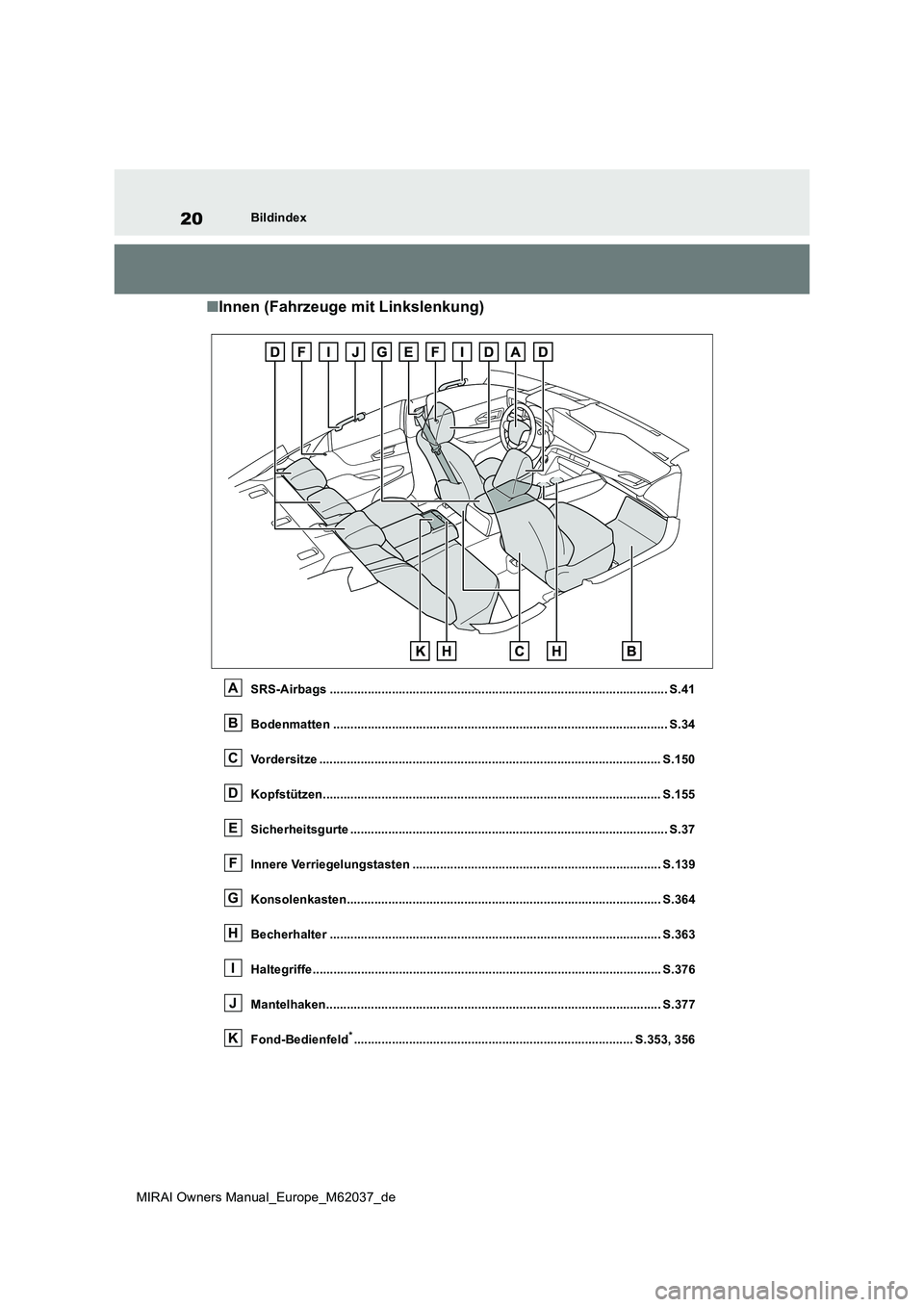 TOYOTA MIRAI 2020 Betriebsanleitungen (in German) 20
MIRAI Owners Manual_Europe_M62037_de
Bildindex
■Innen (Fahrzeuge mit Linkslenkung)
SRS-Airbags .................................................................................................. S TOYOTA MIRAI 2020 Betriebsanleitungen (in German) 20
MIRAI Owners Manual_Europe_M62037_de
Bildindex
■Innen (Fahrzeuge mit Linkslenkung)
SRS-Airbags .................................................................................................. S