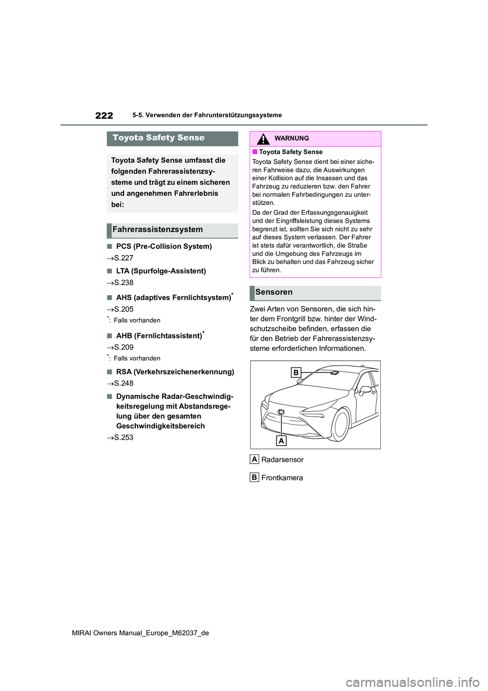 TOYOTA MIRAI 2020 Betriebsanleitungen (in German) 222
MIRAI Owners Manual_Europe_M62037_de
5-5. Verwenden der Fahrunterstützungssysteme
5-5.Verwende n d er Fah runterstü tzungss ysteme
■PCS (Pre-Collision System)
S.227
■LTA (Spurfolge-Ass TOYOTA MIRAI 2020 Betriebsanleitungen (in German) 222
MIRAI Owners Manual_Europe_M62037_de
5-5. Verwenden der Fahrunterstützungssysteme
5-5.Verwende n d er Fah runterstü tzungss ysteme
■PCS (Pre-Collision System)
S.227
■LTA (Spurfolge-Ass