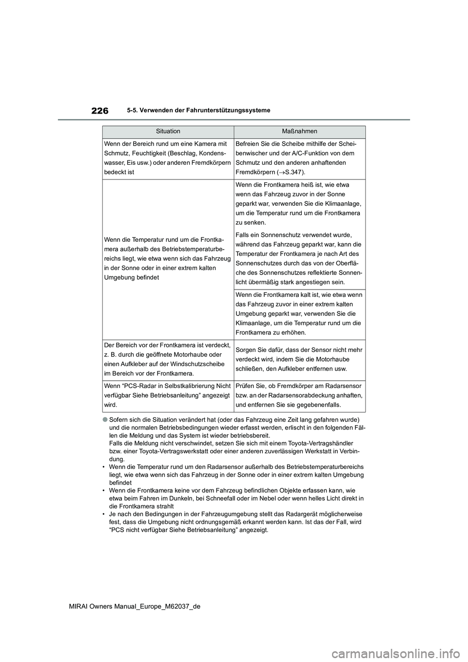 TOYOTA MIRAI 2020 Betriebsanleitungen (in German) 226
MIRAI Owners Manual_Europe_M62037_de
5-5. Verwenden der Fahrunterstützungssysteme
●Sofern sich die Situation verändert hat (oder das Fahrzeug eine Zeit lang gefahren wurde)
und die normalen TOYOTA MIRAI 2020 Betriebsanleitungen (in German) 226
MIRAI Owners Manual_Europe_M62037_de
5-5. Verwenden der Fahrunterstützungssysteme
●Sofern sich die Situation verändert hat (oder das Fahrzeug eine Zeit lang gefahren wurde)
und die normalen
