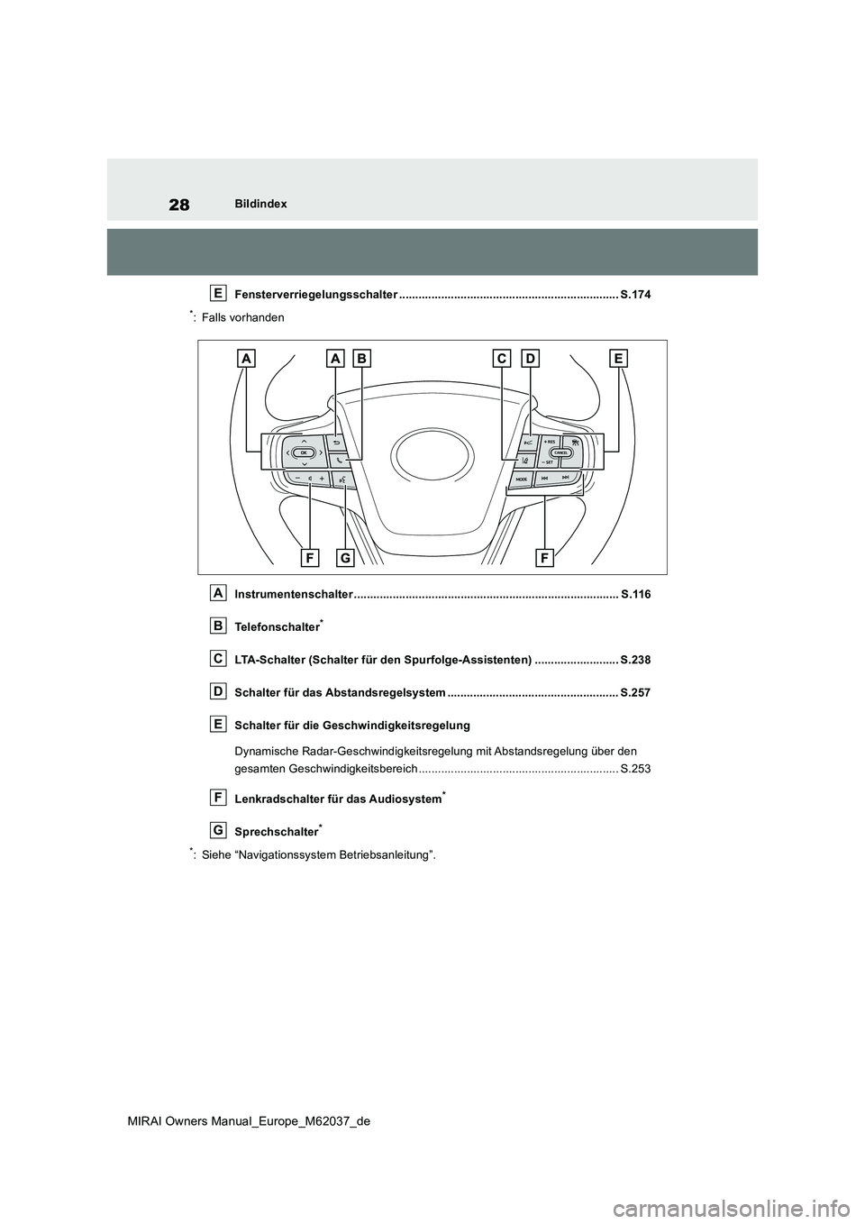 TOYOTA MIRAI 2020 Betriebsanleitungen (in German) 28
MIRAI Owners Manual_Europe_M62037_de
Bildindex
Fensterverriegelungsschalter .................................................................... S.174
*: Falls vorhanden
Instrumentenschalter .... TOYOTA MIRAI 2020 Betriebsanleitungen (in German) 28
MIRAI Owners Manual_Europe_M62037_de
Bildindex
Fensterverriegelungsschalter .................................................................... S.174
*: Falls vorhanden
Instrumentenschalter ....