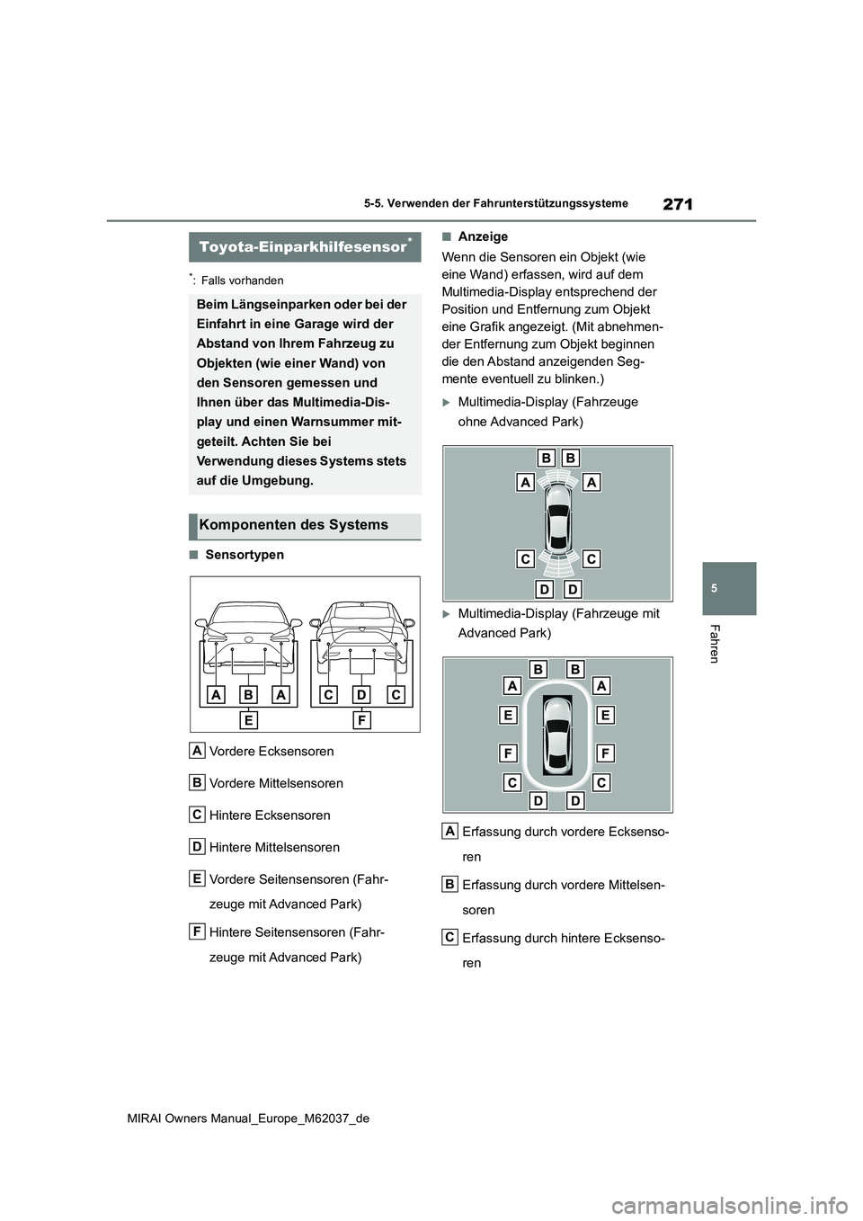 TOYOTA MIRAI 2020 Betriebsanleitungen (in German) 271
5
MIRAI Owners Manual_Europe_M62037_de
5-5. Verwenden der Fahrunterstützungssysteme
Fahren
*: Falls vorhanden
■Sensortypen
Vordere Ecksensoren
Vordere Mittelsensoren
Hintere Ecksensoren
Hint TOYOTA MIRAI 2020 Betriebsanleitungen (in German) 271
5
MIRAI Owners Manual_Europe_M62037_de
5-5. Verwenden der Fahrunterstützungssysteme
Fahren
*: Falls vorhanden
■Sensortypen
Vordere Ecksensoren
Vordere Mittelsensoren
Hintere Ecksensoren
Hint