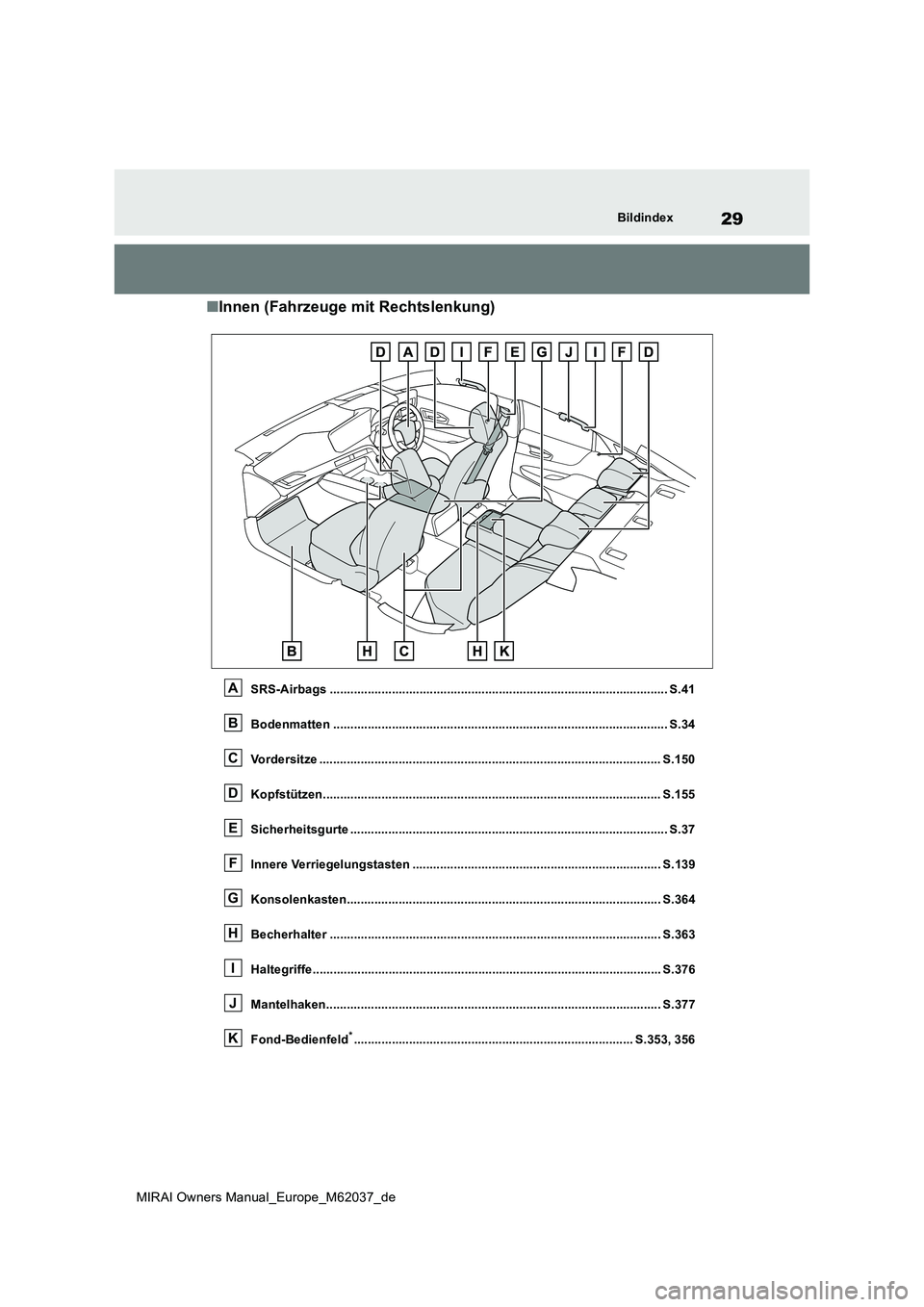 TOYOTA MIRAI 2020 Betriebsanleitungen (in German) 29
MIRAI Owners Manual_Europe_M62037_de
Bildindex
■Innen (Fahrzeuge mit Rechtslenkung)
SRS-Airbags .................................................................................................. TOYOTA MIRAI 2020 Betriebsanleitungen (in German) 29
MIRAI Owners Manual_Europe_M62037_de
Bildindex
■Innen (Fahrzeuge mit Rechtslenkung)
SRS-Airbags ..................................................................................................