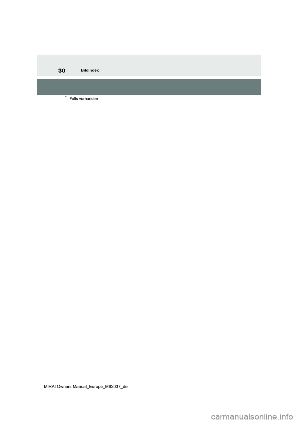 TOYOTA MIRAI 2020 Betriebsanleitungen (in German) 30
MIRAI Owners Manual_Europe_M62037_de
Bildindex
*: Falls vorhanden TOYOTA MIRAI 2020 Betriebsanleitungen (in German) 30
MIRAI Owners Manual_Europe_M62037_de
Bildindex
*: Falls vorhanden