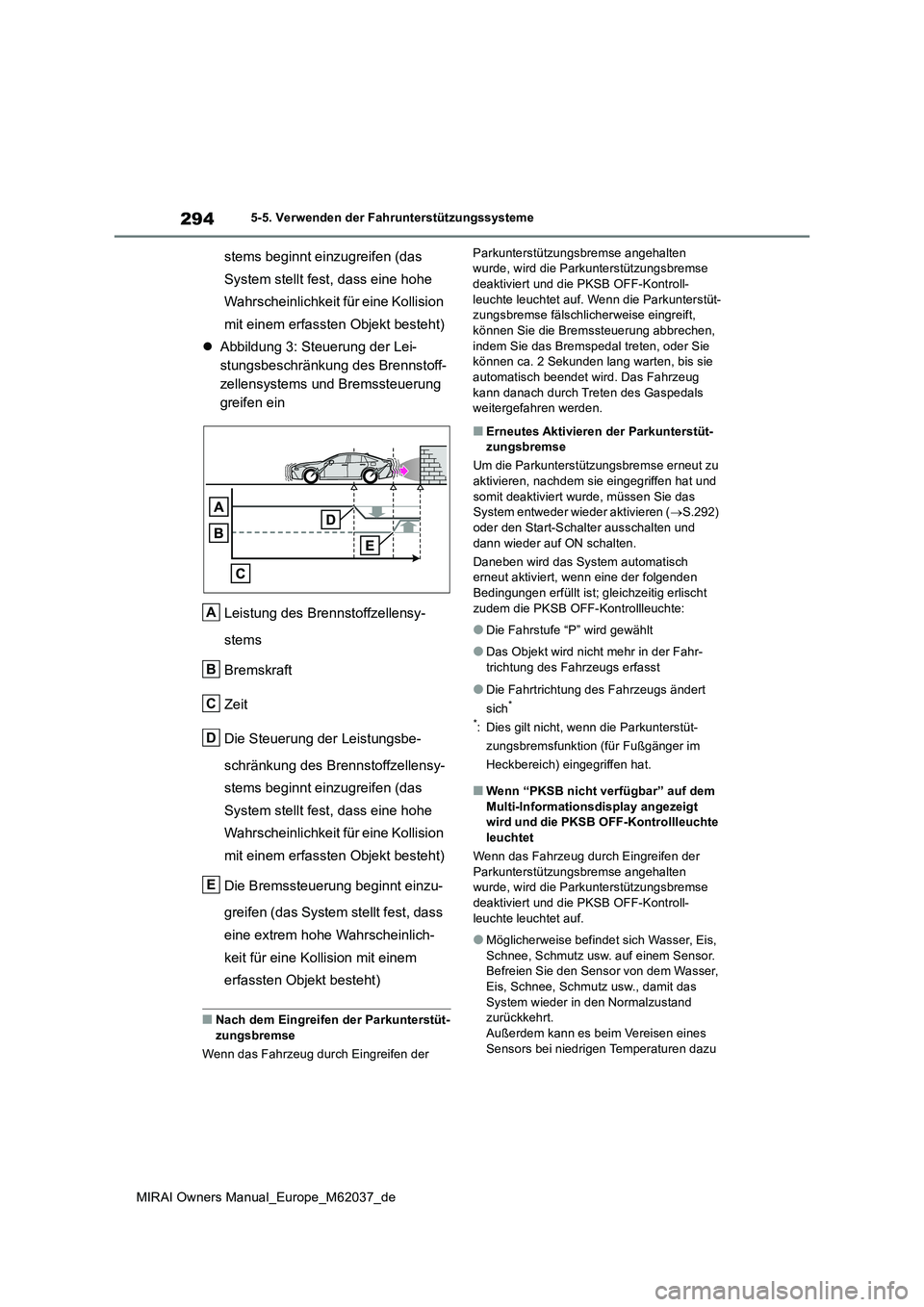 TOYOTA MIRAI 2020 Betriebsanleitungen (in German) 294
MIRAI Owners Manual_Europe_M62037_de
5-5. Verwenden der Fahrunterstützungssysteme
stems beginnt einzugreifen (das
System stellt fest, dass eine hohe
Wahrscheinlichkeit für eine Kollision
mit TOYOTA MIRAI 2020 Betriebsanleitungen (in German) 294
MIRAI Owners Manual_Europe_M62037_de
5-5. Verwenden der Fahrunterstützungssysteme
stems beginnt einzugreifen (das
System stellt fest, dass eine hohe
Wahrscheinlichkeit für eine Kollision
mit
