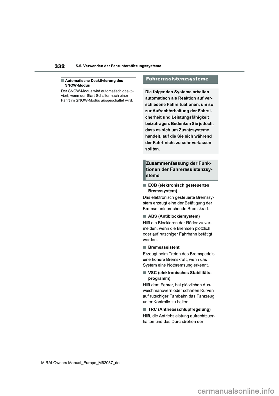 TOYOTA MIRAI 2020 Betriebsanleitungen (in German) 332
MIRAI Owners Manual_Europe_M62037_de
5-5. Verwenden der Fahrunterstützungssysteme
■Automatische Deaktivierung des SNOW-Modus
Der SNOW-Modus wird automatisch deakti- viert, wenn der Start-Scha TOYOTA MIRAI 2020 Betriebsanleitungen (in German) 332
MIRAI Owners Manual_Europe_M62037_de
5-5. Verwenden der Fahrunterstützungssysteme
■Automatische Deaktivierung des SNOW-Modus
Der SNOW-Modus wird automatisch deakti- viert, wenn der Start-Scha