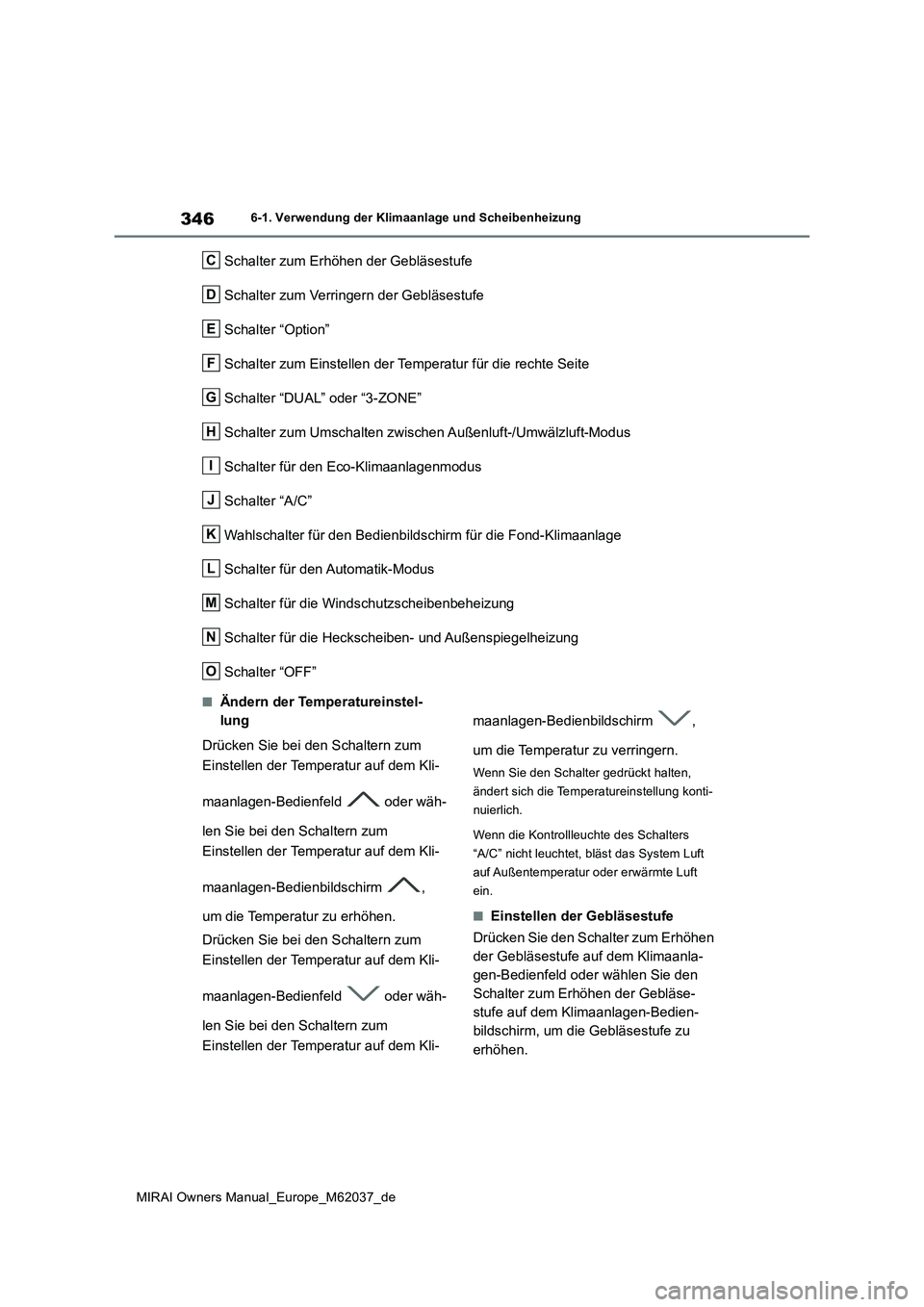 TOYOTA MIRAI 2020 Betriebsanleitungen (in German) 346
MIRAI Owners Manual_Europe_M62037_de
6-1. Verwendung der Klimaanlage und Scheibenheizung
Schalter zum Erhöhen der Gebläsestufe
Schalter zum Verringern der Gebläsestufe
Schalter “Option”
TOYOTA MIRAI 2020 Betriebsanleitungen (in German) 346
MIRAI Owners Manual_Europe_M62037_de
6-1. Verwendung der Klimaanlage und Scheibenheizung
Schalter zum Erhöhen der Gebläsestufe
Schalter zum Verringern der Gebläsestufe
Schalter “Option”