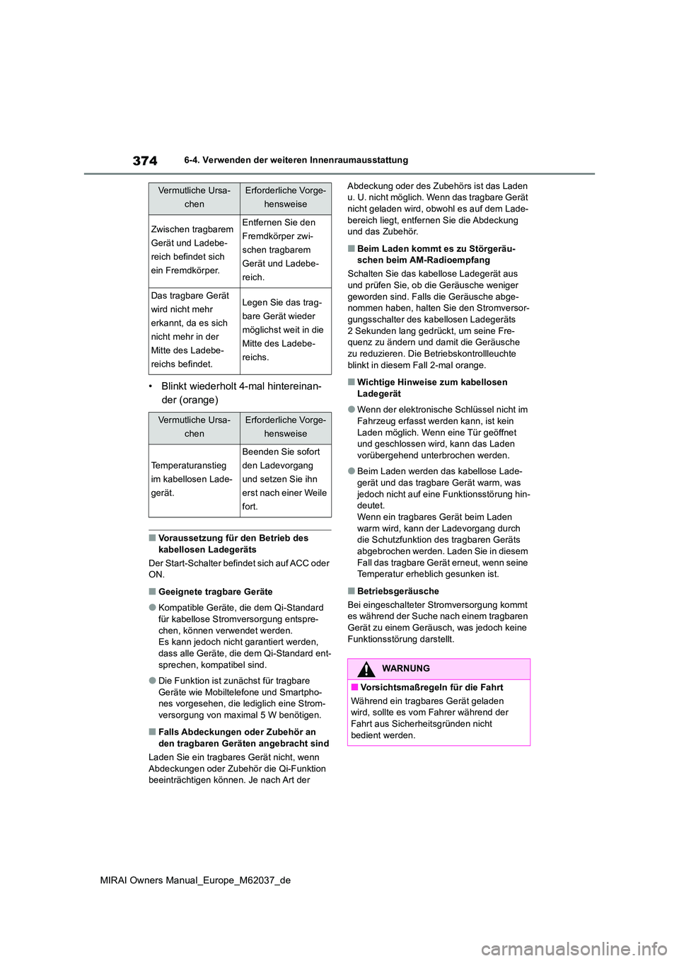 TOYOTA MIRAI 2020 Betriebsanleitungen (in German) 374
MIRAI Owners Manual_Europe_M62037_de
6-4. Verwenden der weiteren Innenraumausstattung
• Blinkt wiederholt 4-mal hintereinan-
der (orange)
■Voraussetzung für den Betrieb des kabellosen Ladeg TOYOTA MIRAI 2020 Betriebsanleitungen (in German) 374
MIRAI Owners Manual_Europe_M62037_de
6-4. Verwenden der weiteren Innenraumausstattung
• Blinkt wiederholt 4-mal hintereinan-
der (orange)
■Voraussetzung für den Betrieb des kabellosen Ladeg
