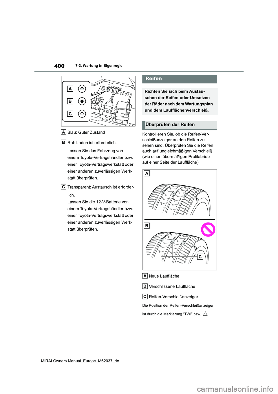 TOYOTA MIRAI 2020 Betriebsanleitungen (in German) 400
MIRAI Owners Manual_Europe_M62037_de
7-3. Wartung in Eigenregie
Blau: Guter Zustand
Rot: Laden ist erforderlich.
Lassen Sie das Fahrzeug von
einem Toyota-Vertragshändler bzw.
einer Toyota-Ve TOYOTA MIRAI 2020 Betriebsanleitungen (in German) 400
MIRAI Owners Manual_Europe_M62037_de
7-3. Wartung in Eigenregie
Blau: Guter Zustand
Rot: Laden ist erforderlich.
Lassen Sie das Fahrzeug von
einem Toyota-Vertragshändler bzw.
einer Toyota-Ve