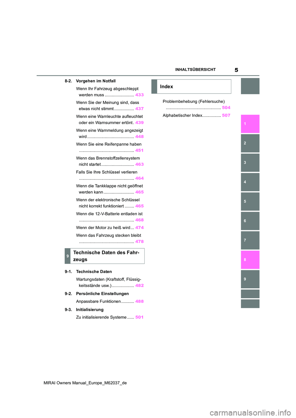 TOYOTA MIRAI 2020  Betriebsanleitungen (in German) 5
MIRAI Owners Manual_Europe_M62037_de
INHALTSÜBERSICHT
1 
6 
5
4
3
2
8
7
9
8-2. Vorgehen im Notfall 
Wenn Ihr Fahrzeug abgeschleppt  
werden muss ......................... 433 
Wenn Sie der Meinung 
