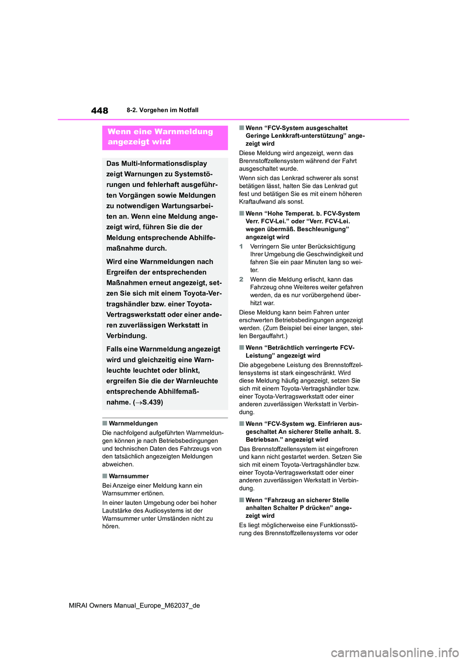 TOYOTA MIRAI 2020 Betriebsanleitungen (in German) 448
MIRAI Owners Manual_Europe_M62037_de
8-2. Vorgehen im Notfall
■Warnmeldungen
Die nachfolgend aufgeführten Warnmeldun-
gen können je nach Betriebsbedingungen und technischen Daten des Fahrze TOYOTA MIRAI 2020 Betriebsanleitungen (in German) 448
MIRAI Owners Manual_Europe_M62037_de
8-2. Vorgehen im Notfall
■Warnmeldungen
Die nachfolgend aufgeführten Warnmeldun-
gen können je nach Betriebsbedingungen und technischen Daten des Fahrze