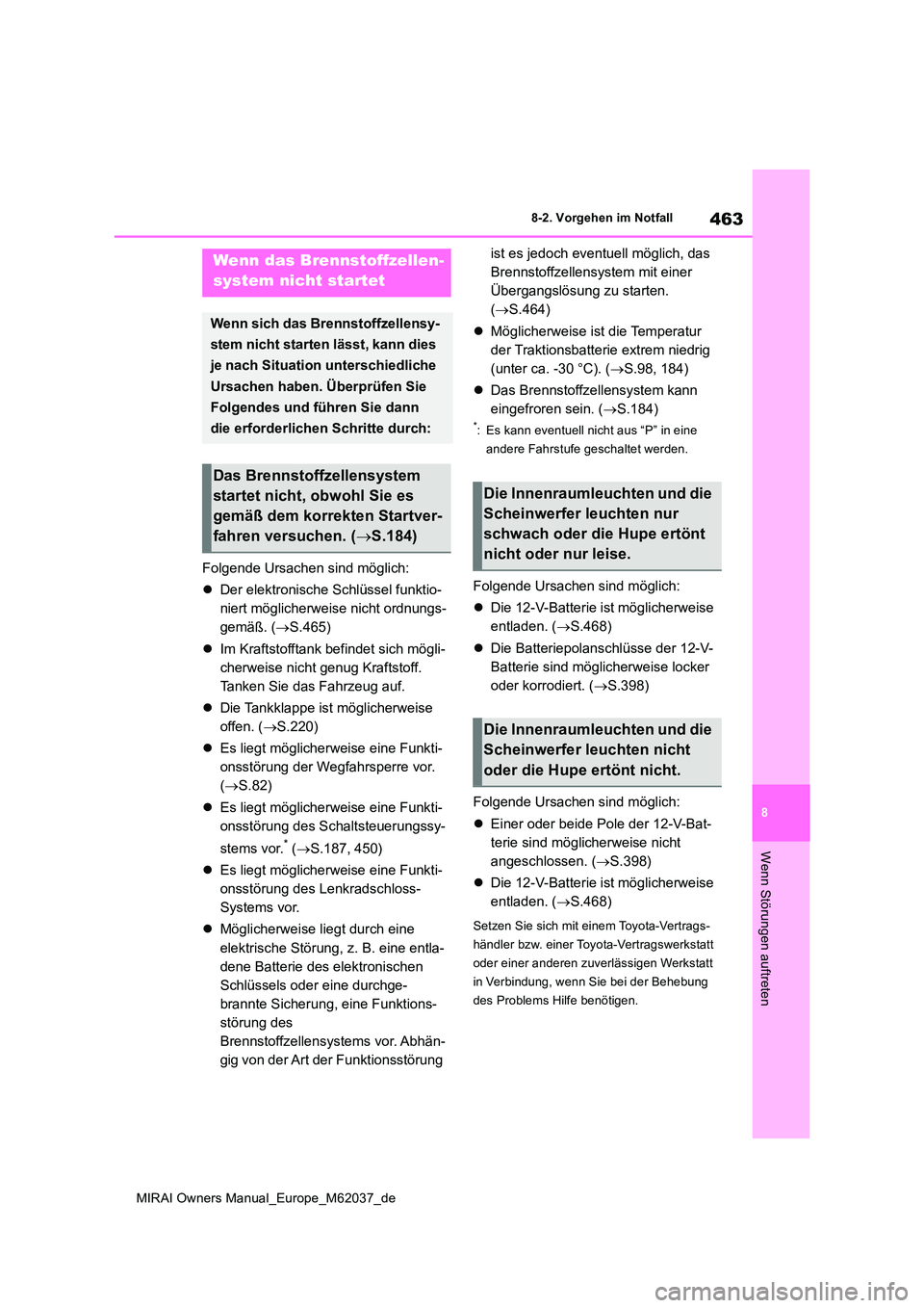 TOYOTA MIRAI 2020 Betriebsanleitungen (in German) 463
8
MIRAI Owners Manual_Europe_M62037_de
8-2. Vorgehen im Notfall
Wenn Störungen auftreten
Folgende Ursachen sind möglich:
Der elektronische Schlüssel funktio-
niert möglicherweise nicht o TOYOTA MIRAI 2020 Betriebsanleitungen (in German) 463
8
MIRAI Owners Manual_Europe_M62037_de
8-2. Vorgehen im Notfall
Wenn Störungen auftreten
Folgende Ursachen sind möglich:
Der elektronische Schlüssel funktio-
niert möglicherweise nicht o