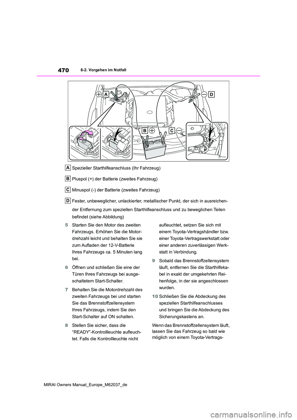TOYOTA MIRAI 2020 Betriebsanleitungen (in German) 470
MIRAI Owners Manual_Europe_M62037_de
8-2. Vorgehen im Notfall
Spezieller Starthilfeanschluss (Ihr Fahrzeug)
Pluspol (+) der Batterie (zweites Fahrzeug)
Minuspol (-) der Batterie (zweites Fahrzeu TOYOTA MIRAI 2020 Betriebsanleitungen (in German) 470
MIRAI Owners Manual_Europe_M62037_de
8-2. Vorgehen im Notfall
Spezieller Starthilfeanschluss (Ihr Fahrzeug)
Pluspol (+) der Batterie (zweites Fahrzeug)
Minuspol (-) der Batterie (zweites Fahrzeu