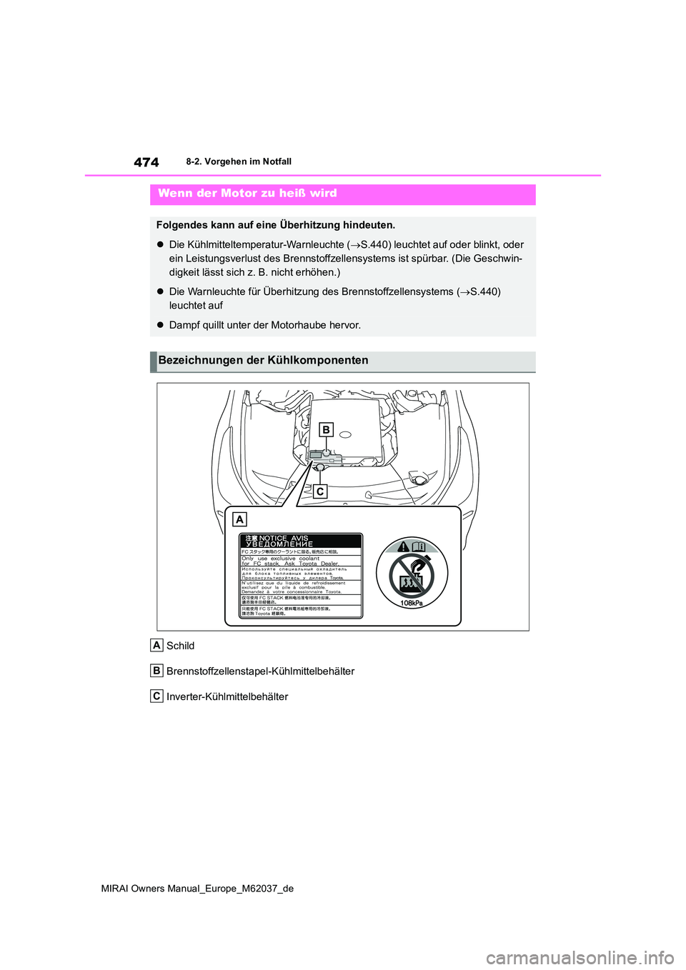 TOYOTA MIRAI 2020 Betriebsanleitungen (in German) 474
MIRAI Owners Manual_Europe_M62037_de
8-2. Vorgehen im Notfall
Schild
Brennstoffzellenstapel-Kühlmittelbehälter
Inverter-Kühlmittelbehälter
Wenn der Motor zu heiß wird
Folgendes kann auf eine TOYOTA MIRAI 2020 Betriebsanleitungen (in German) 474
MIRAI Owners Manual_Europe_M62037_de
8-2. Vorgehen im Notfall
Schild
Brennstoffzellenstapel-Kühlmittelbehälter
Inverter-Kühlmittelbehälter
Wenn der Motor zu heiß wird
Folgendes kann auf eine