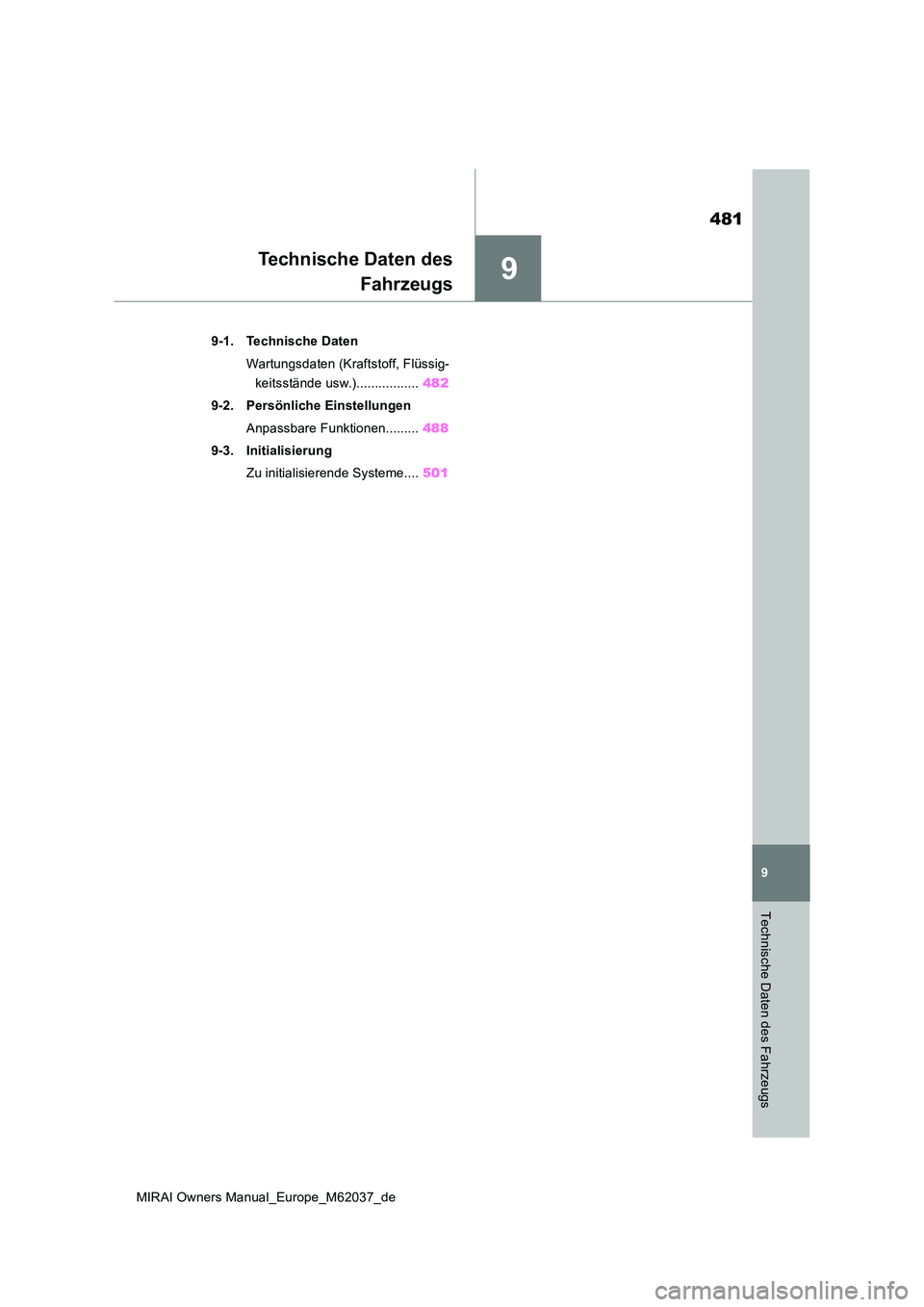 TOYOTA MIRAI 2020 Betriebsanleitungen (in German) 9
481
MIRAI Owners Manual_Europe_M62037_de
9
Technische Daten des Fahrzeugs
Technische Daten des
Fahrzeugs
9-1. Technische Daten
Wartungsdaten (Kraftstoff, Flüssig-
keitsstände usw.)............. TOYOTA MIRAI 2020 Betriebsanleitungen (in German) 9
481
MIRAI Owners Manual_Europe_M62037_de
9
Technische Daten des Fahrzeugs
Technische Daten des
Fahrzeugs
9-1. Technische Daten
Wartungsdaten (Kraftstoff, Flüssig-
keitsstände usw.).............