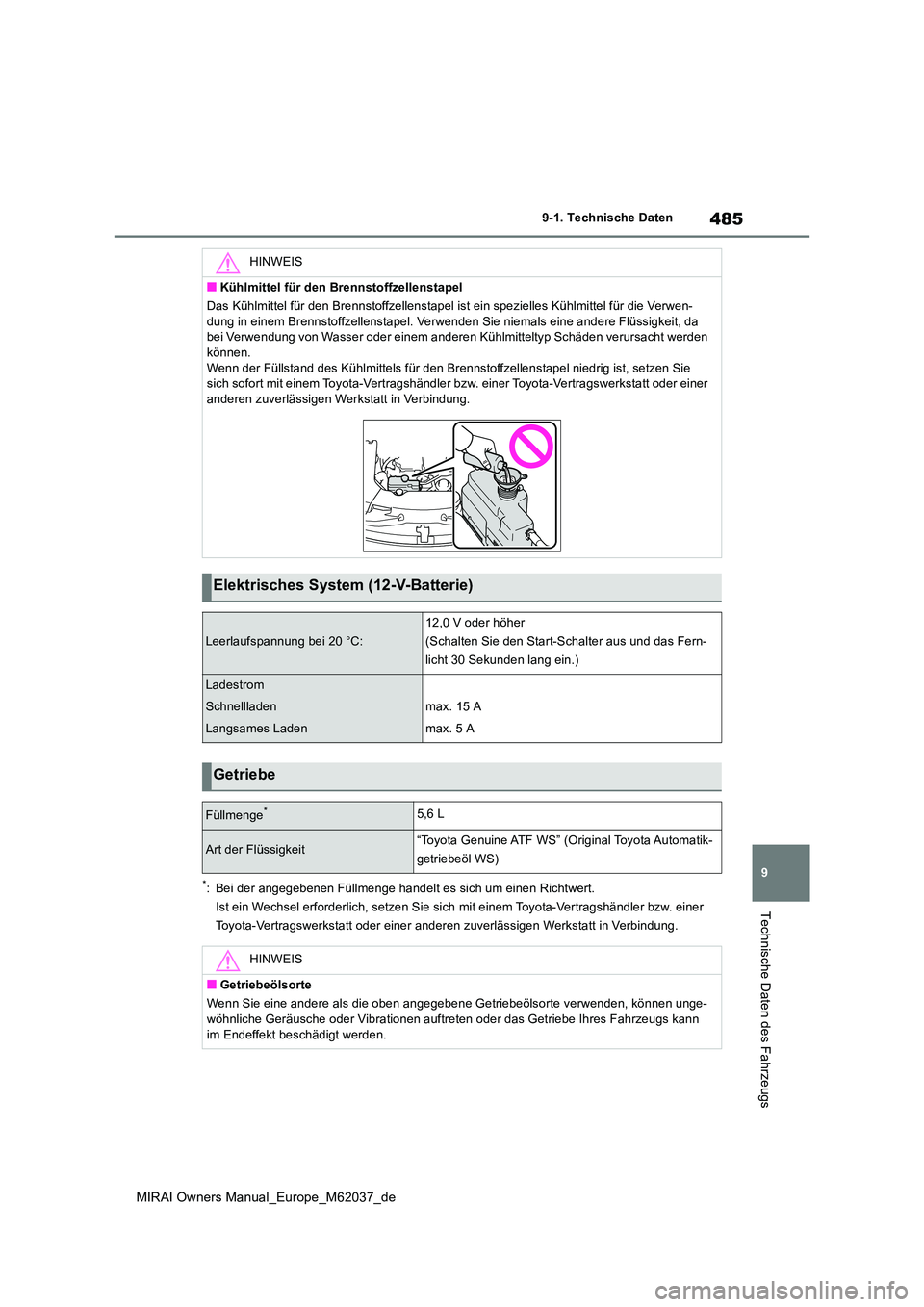 TOYOTA MIRAI 2020 Betriebsanleitungen (in German) 485
9
MIRAI Owners Manual_Europe_M62037_de
9-1. Technische Daten
Technische Daten des Fahrzeugs
*: Bei der angegebenen Füllmenge handelt es sich um einen Richtwert.
Ist ein Wechsel erforderlich, set TOYOTA MIRAI 2020 Betriebsanleitungen (in German) 485
9
MIRAI Owners Manual_Europe_M62037_de
9-1. Technische Daten
Technische Daten des Fahrzeugs
*: Bei der angegebenen Füllmenge handelt es sich um einen Richtwert.
Ist ein Wechsel erforderlich, set
