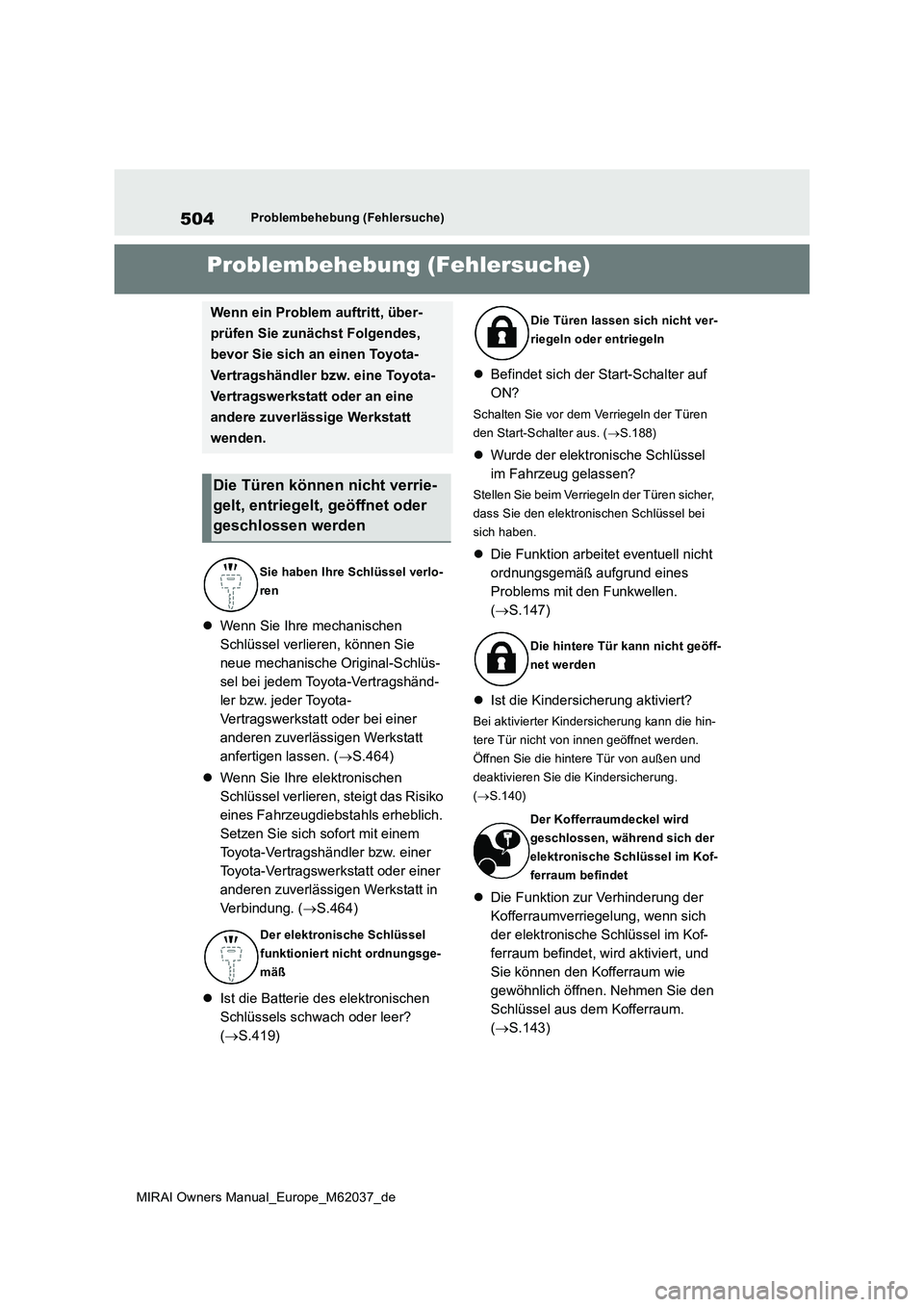 TOYOTA MIRAI 2020 Betriebsanleitungen (in German) 504
MIRAI Owners Manual_Europe_M62037_de
Problembehebung (Fehlersuche)
1-1.Pro ble mb eheb ung (Fe hle rsu che)Problembehebung (Fehlersuche)
Wenn Sie Ihre mechanischen
Schlüssel verlieren, könn TOYOTA MIRAI 2020 Betriebsanleitungen (in German) 504
MIRAI Owners Manual_Europe_M62037_de
Problembehebung (Fehlersuche)
1-1.Pro ble mb eheb ung (Fe hle rsu che)Problembehebung (Fehlersuche)
Wenn Sie Ihre mechanischen
Schlüssel verlieren, könn