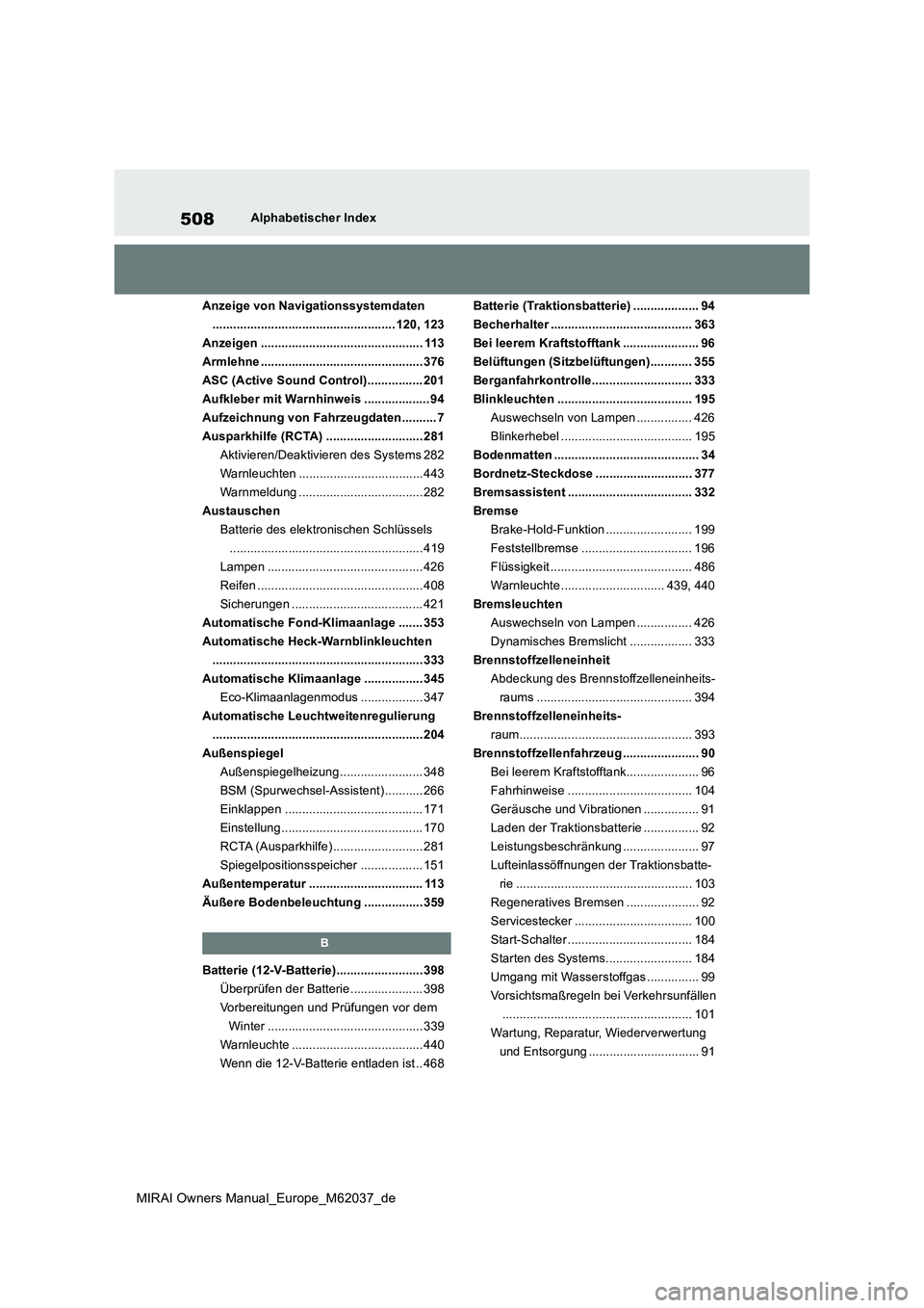 TOYOTA MIRAI 2020 Betriebsanleitungen (in German) 508
MIRAI Owners Manual_Europe_M62037_de
Alphabetischer Index
Anzeige von Navigationssystemdaten
..................................................... 120, 123
Anzeigen ............................. TOYOTA MIRAI 2020 Betriebsanleitungen (in German) 508
MIRAI Owners Manual_Europe_M62037_de
Alphabetischer Index
Anzeige von Navigationssystemdaten
..................................................... 120, 123
Anzeigen .............................