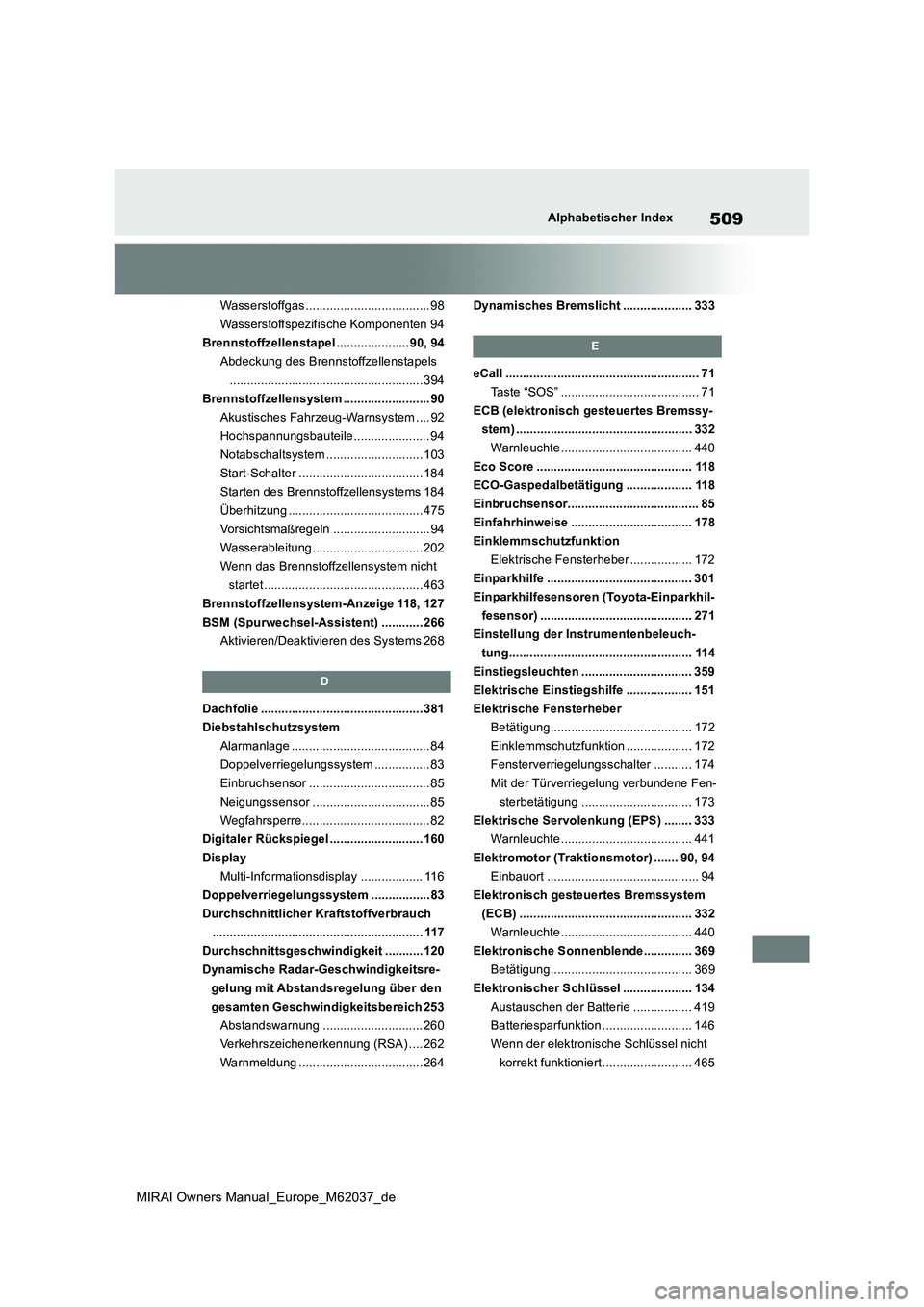 TOYOTA MIRAI 2020 Betriebsanleitungen (in German) 509
MIRAI Owners Manual_Europe_M62037_de
Alphabetischer Index
Wasserstoffgas ....................................98
Wasserstoffspezifische Komponenten 94
Brennstoffzellenstapel ..................... TOYOTA MIRAI 2020 Betriebsanleitungen (in German) 509
MIRAI Owners Manual_Europe_M62037_de
Alphabetischer Index
Wasserstoffgas ....................................98
Wasserstoffspezifische Komponenten 94
Brennstoffzellenstapel .....................