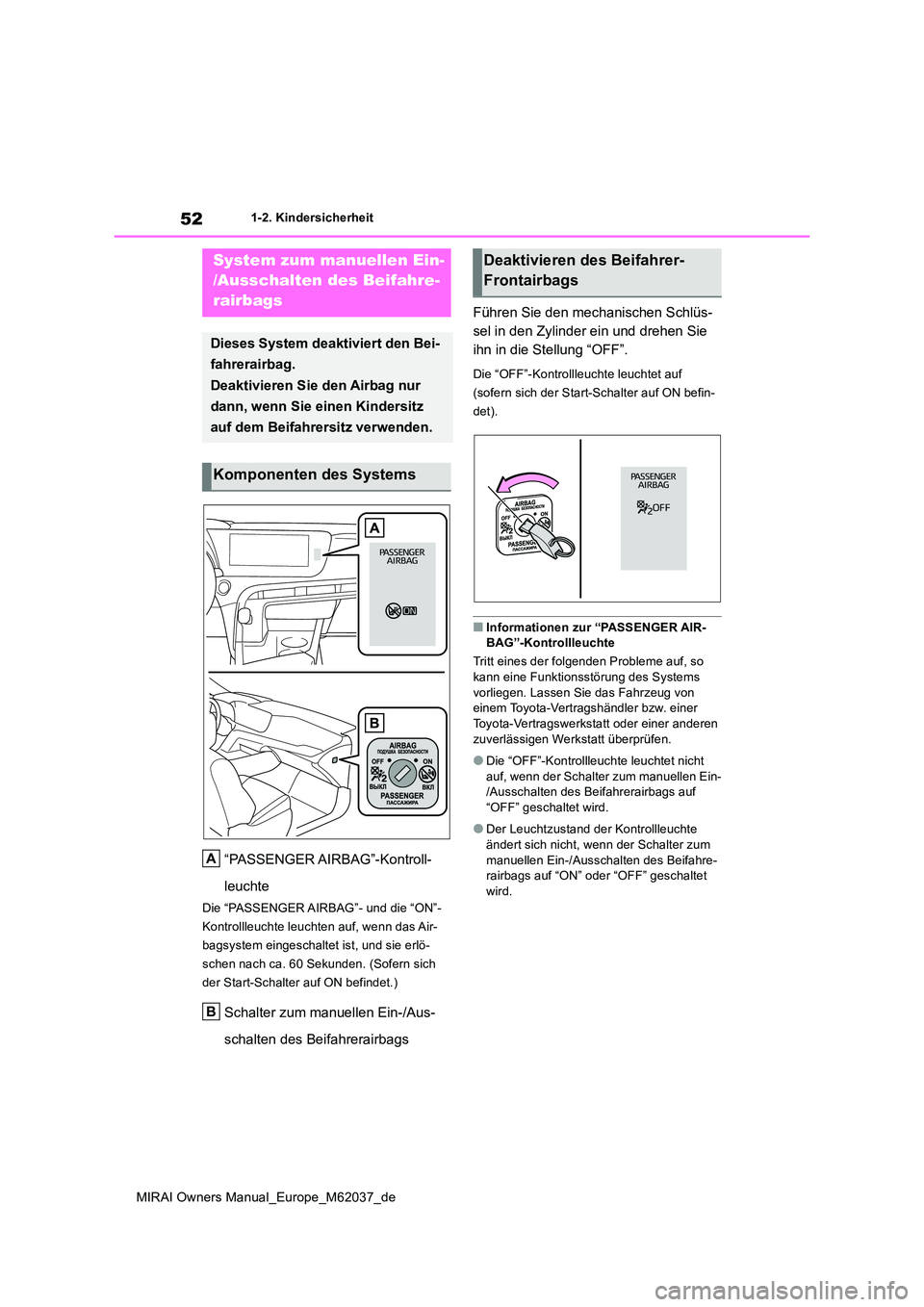 TOYOTA MIRAI 2020  Betriebsanleitungen (in German) 52
MIRAI Owners Manual_Europe_M62037_de
1-2. Kindersicherheit
1-2.Kin dersic herheit
“PASSENGER AIRBAG”-Kontroll- 
leuchte
Die “PASSENGER AIRBAG”- und die “ON”- 
Kontrollleuchte leuchten a