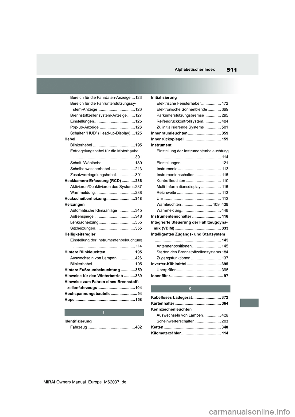 TOYOTA MIRAI 2020 Betriebsanleitungen (in German) 511
MIRAI Owners Manual_Europe_M62037_de
Alphabetischer Index
Bereich für die Fahrdaten-Anzeige ... 123
Bereich für die Fahrunterstützungssy-
stem-Anzeige ..................................126
Bre TOYOTA MIRAI 2020 Betriebsanleitungen (in German) 511
MIRAI Owners Manual_Europe_M62037_de
Alphabetischer Index
Bereich für die Fahrdaten-Anzeige ... 123
Bereich für die Fahrunterstützungssy-
stem-Anzeige ..................................126
Bre