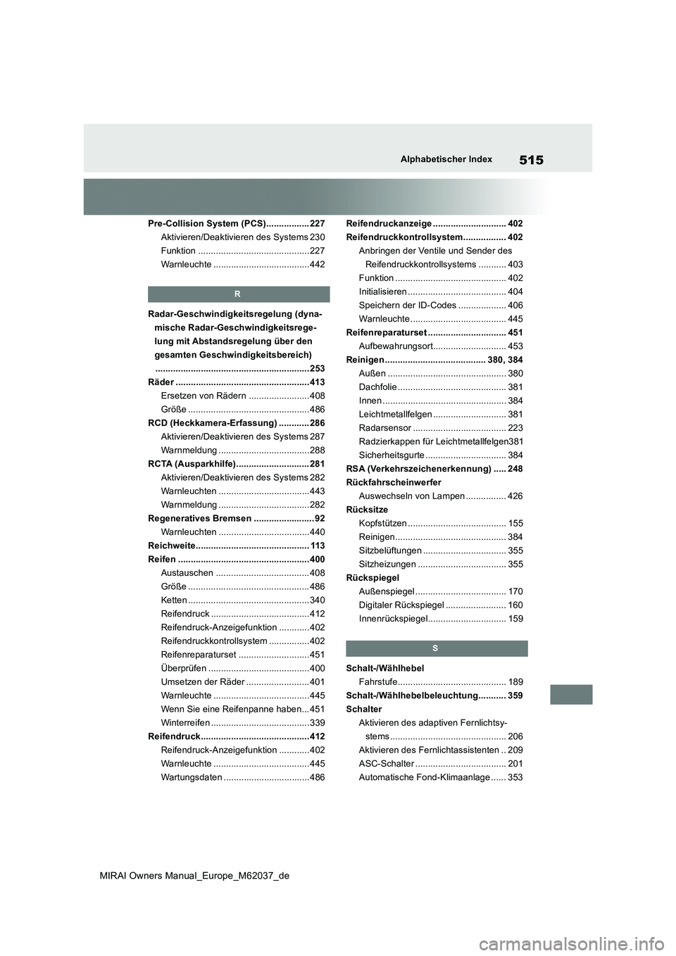 TOYOTA MIRAI 2020 Betriebsanleitungen (in German) 515
MIRAI Owners Manual_Europe_M62037_de
Alphabetischer Index
Pre-Collision System (PCS)................. 227
Aktivieren/Deaktivieren des Systems 230
Funktion ........................................ TOYOTA MIRAI 2020 Betriebsanleitungen (in German) 515
MIRAI Owners Manual_Europe_M62037_de
Alphabetischer Index
Pre-Collision System (PCS)................. 227
Aktivieren/Deaktivieren des Systems 230
Funktion ........................................