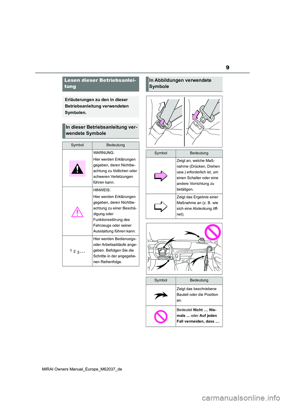 TOYOTA MIRAI 2020  Betriebsanleitungen (in German) 9
MIRAI Owners Manual_Europe_M62037_de
Lesen dieser Betriebsanlei- 
tung
Erläuterungen zu den in dieser  
Betriebsanleitung verwendeten  
Symbolen.
In dieser Betriebsanleitung ver- 
wendete Symbole
S