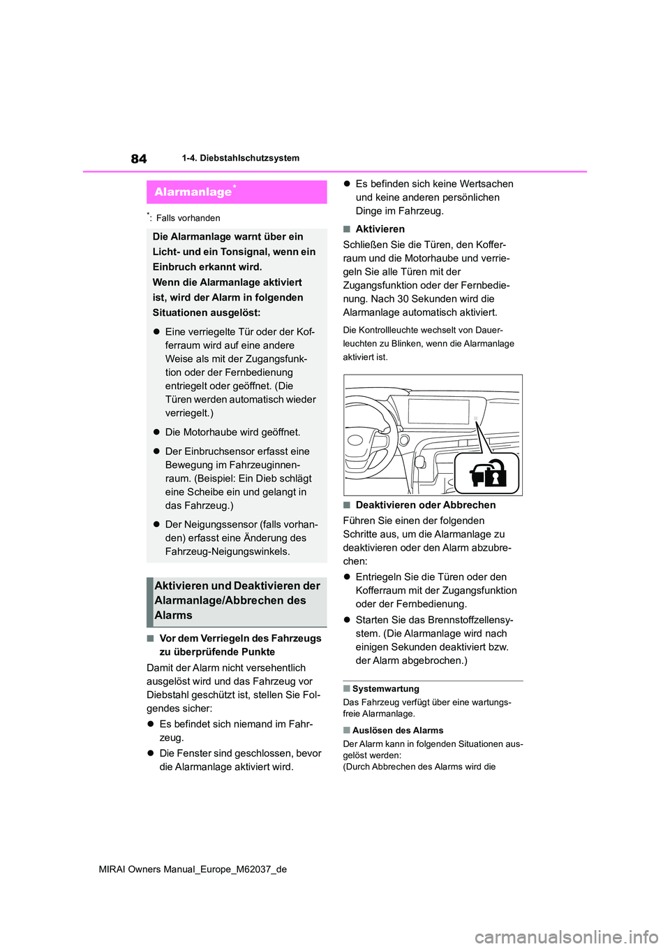 TOYOTA MIRAI 2020  Betriebsanleitungen (in German) 84
MIRAI Owners Manual_Europe_M62037_de
1-4. Diebstahlschutzsystem
*: Falls vorhanden
■Vor dem Verriegeln des Fahrzeugs  
zu überprüfende Punkte 
Damit der Alarm nicht versehentlich  
ausgelöst w