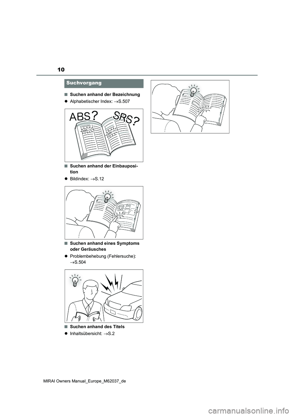 TOYOTA MIRAI 2020  Betriebsanleitungen (in German) 10
MIRAI Owners Manual_Europe_M62037_de 
■Suchen anhand der Bezeichnung 
 Alphabetischer Index: S.507
■Suchen anhand der Einbauposi- 
tion 
 Bildindex: S.12
■Suchen anhand eines Symp