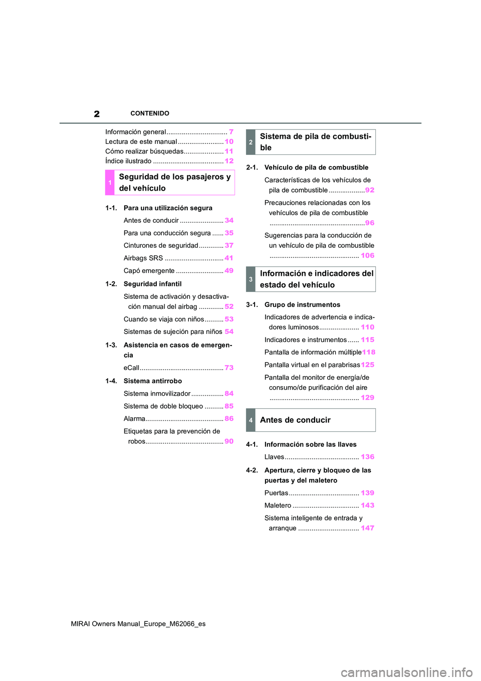 TOYOTA MIRAI 2020 Manual del propietario (in Spanish) 2
MIRAI Owners Manual_Europe_M62066_es
CONTENIDO
Información general ................................7
Lectura de este manual ........................ 10
Cómo realizar búsquedas.................. TOYOTA MIRAI 2020 Manual del propietario (in Spanish) 2
MIRAI Owners Manual_Europe_M62066_es
CONTENIDO
Información general ................................7
Lectura de este manual ........................ 10
Cómo realizar búsquedas..................