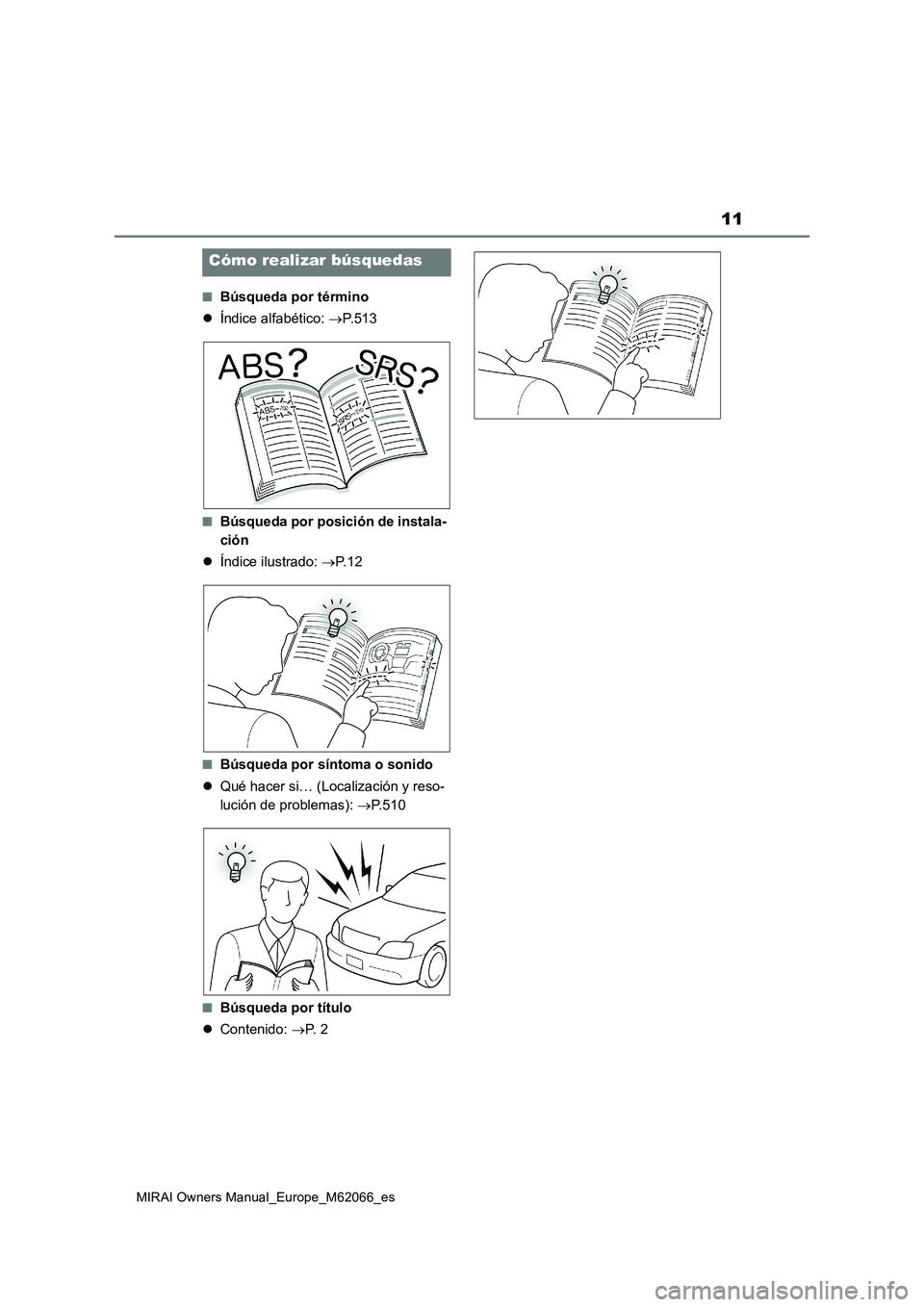 TOYOTA MIRAI 2020  Manual del propietario (in Spanish) 11
MIRAI Owners Manual_Europe_M62066_es
■Búsqueda por término
Índice alfabético: P.513
■Búsqueda por posición de instala-
ción
Índice ilustrado: P. 1 2
■Búsqueda por síntom