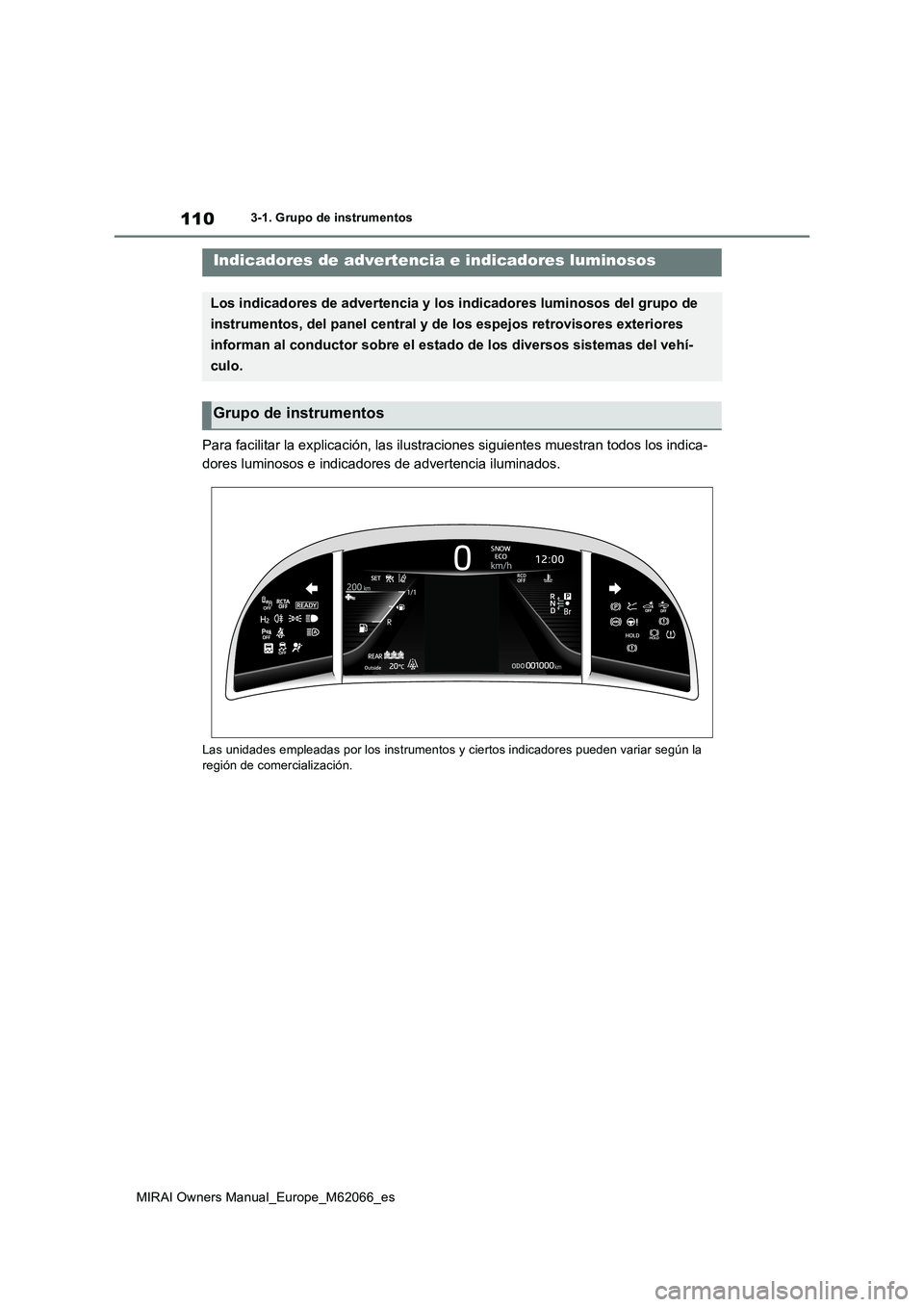 TOYOTA MIRAI 2020 Manual del propietario (in Spanish) 110
MIRAI Owners Manual_Europe_M62066_es
3-1. Grupo de instrumentos
3-1.Grup o d e ins trumentos
Para facilitar la explicación, las ilustraciones siguientes muestran todos los indica-
dores luminosos TOYOTA MIRAI 2020 Manual del propietario (in Spanish) 110
MIRAI Owners Manual_Europe_M62066_es
3-1. Grupo de instrumentos
3-1.Grup o d e ins trumentos
Para facilitar la explicación, las ilustraciones siguientes muestran todos los indica-
dores luminosos