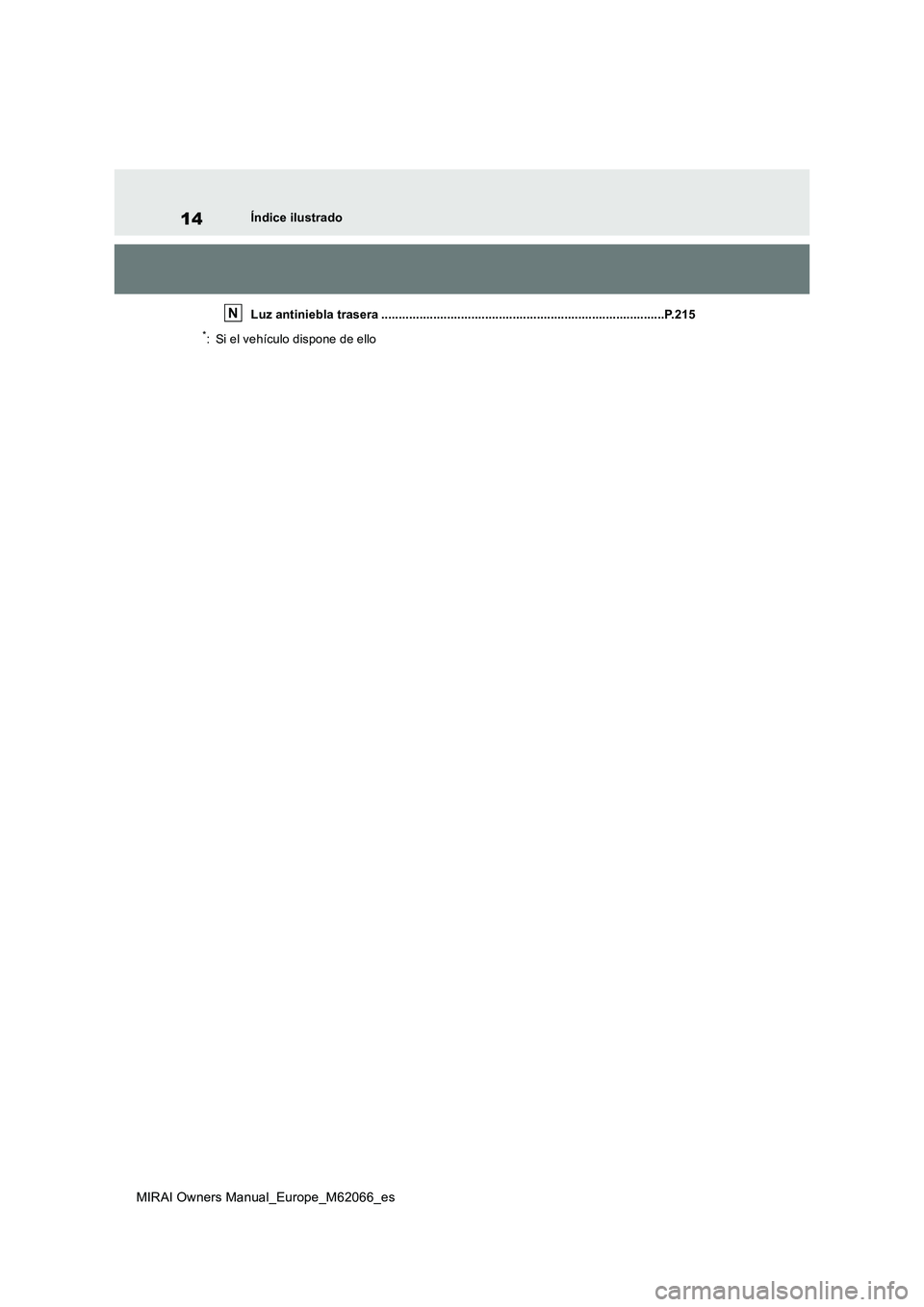 TOYOTA MIRAI 2020  Manual del propietario (in Spanish) 14
MIRAI Owners Manual_Europe_M62066_es
Índice ilustrado
Luz antiniebla trasera ..................................................................................P.215
*: Si el vehículo dispone de e